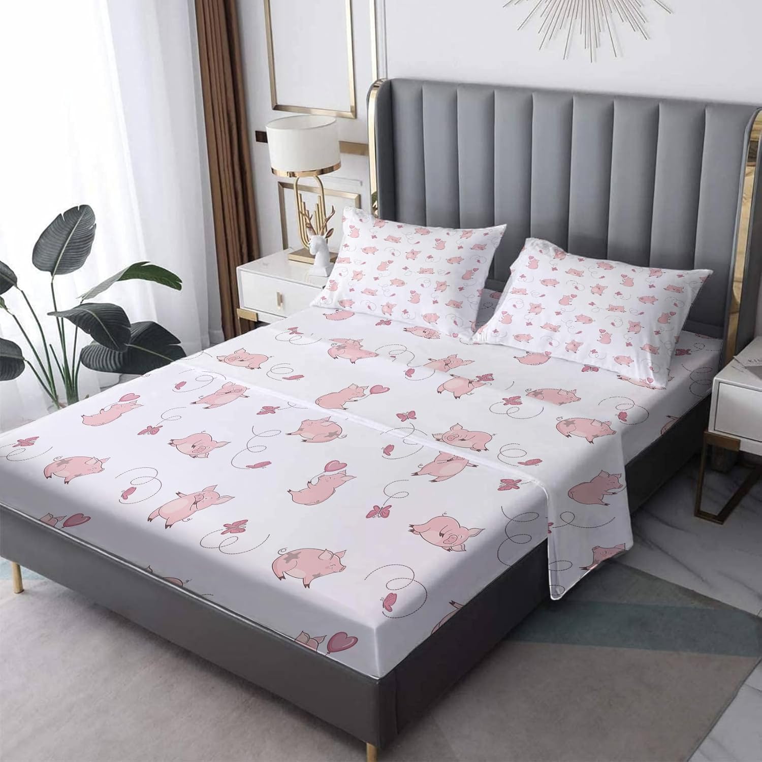 Pig Sheets Twin XL Bed Sheet Set - Kawaii Pig Kids Bedding