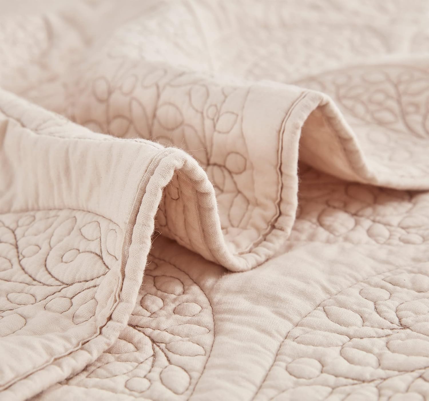 CHIXIN Botanical Cotton Quilt Set - Leaf Pattern Reversible 3 Piece Oatmeal