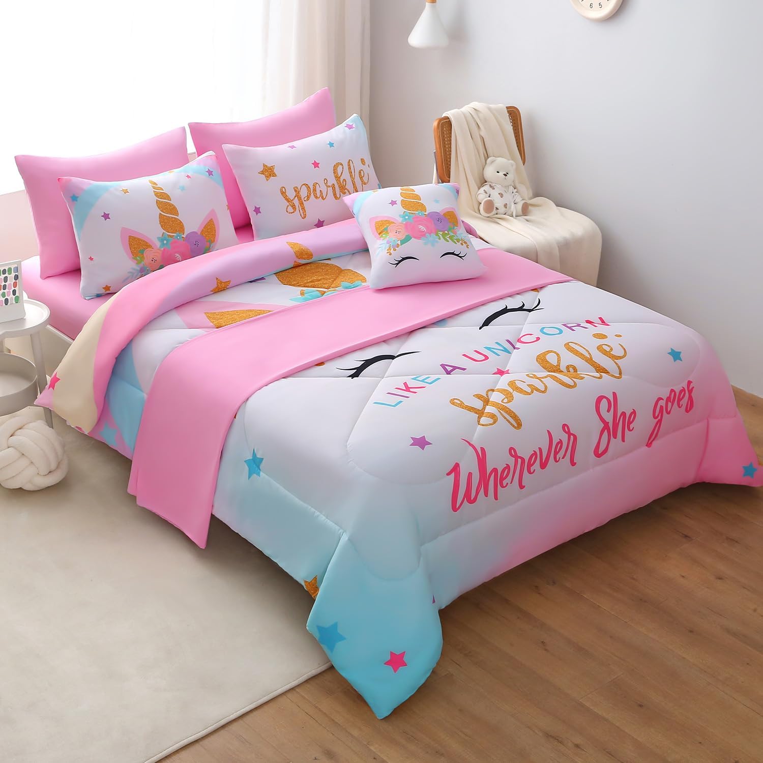 JQinHome Sparkle Unicorn Comforter Set 6 Piece Twin Bedding