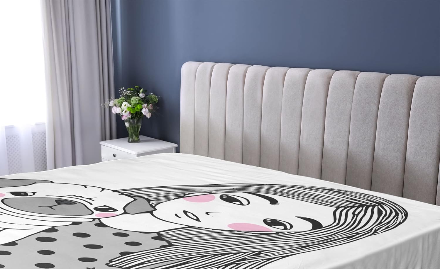 Ambesonne Pug Fitted Sheet - Black Grey White