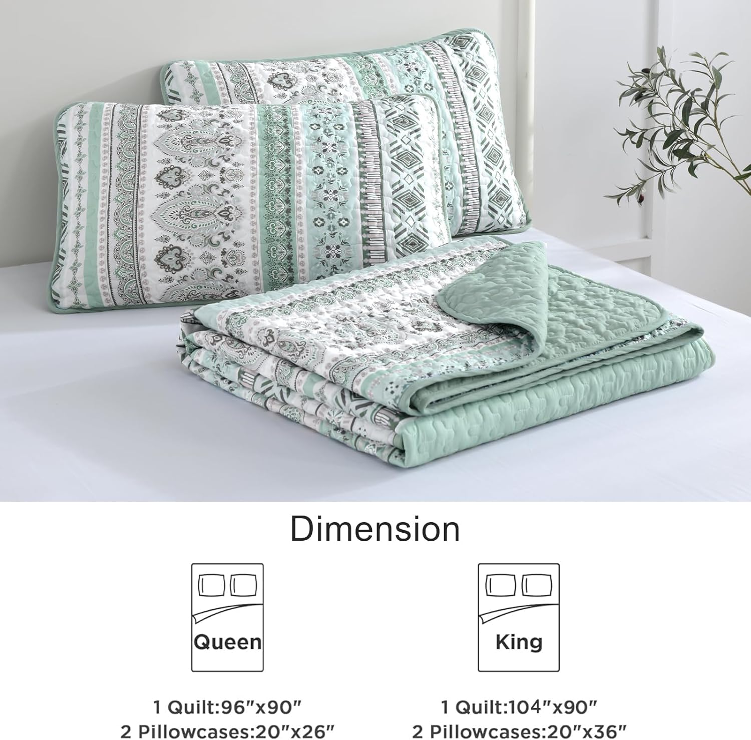 Goodidea Boho Quilt Set Cal King 3 Piece Mint Green Striped Microfiber Bedding