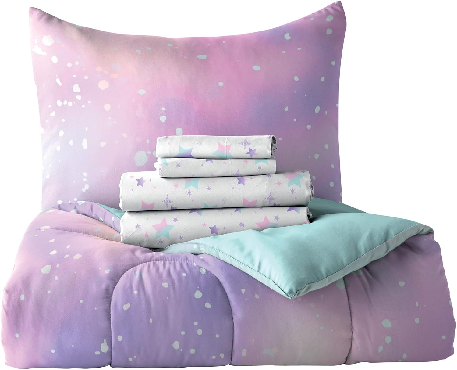 Dream FACTORY Kids 5-Piece Microfiber Comforter Set - Pink Twilight Galaxy Stars