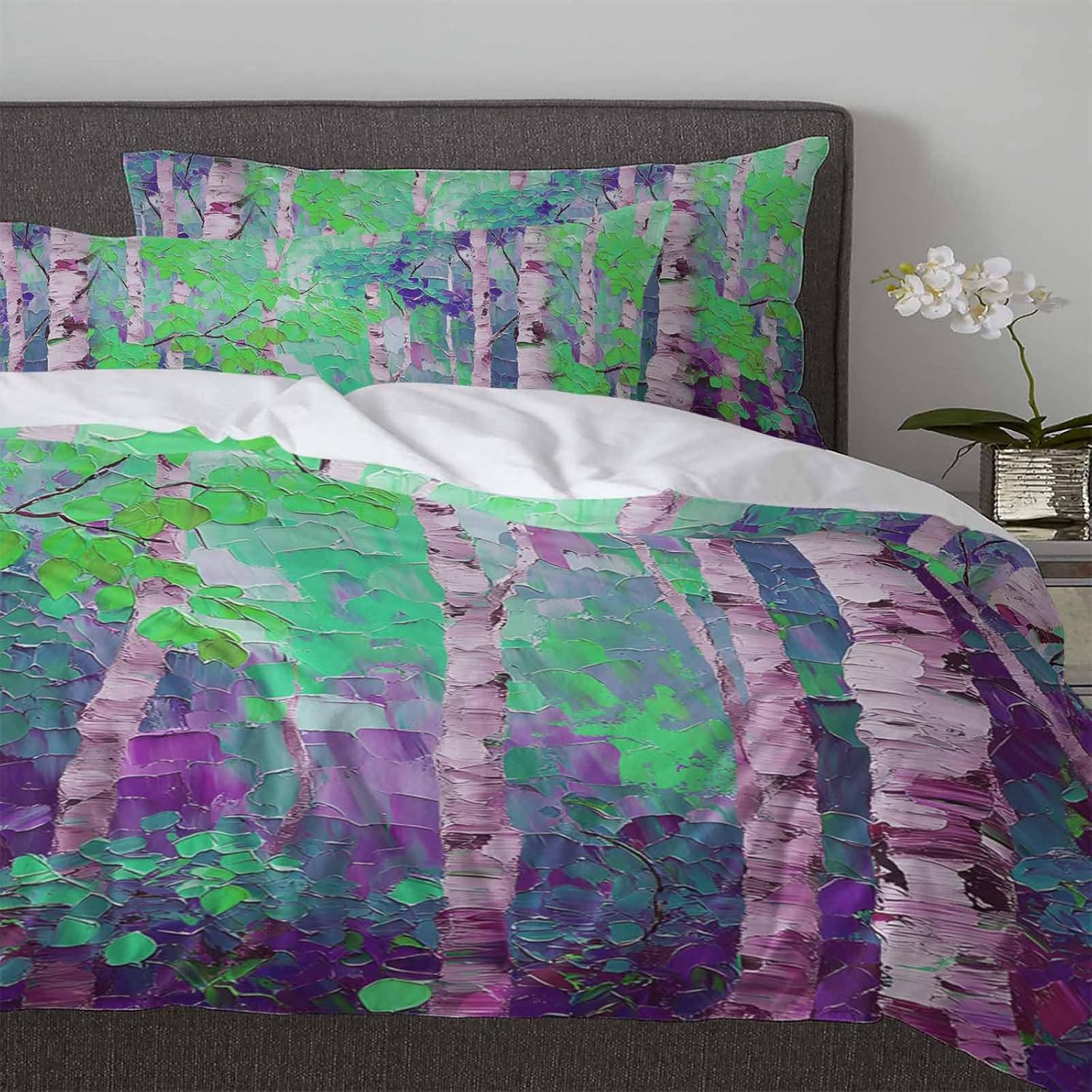 3-Piece Queen Duvet Cover Set with Zipper Soft Purple Green Botanical Print