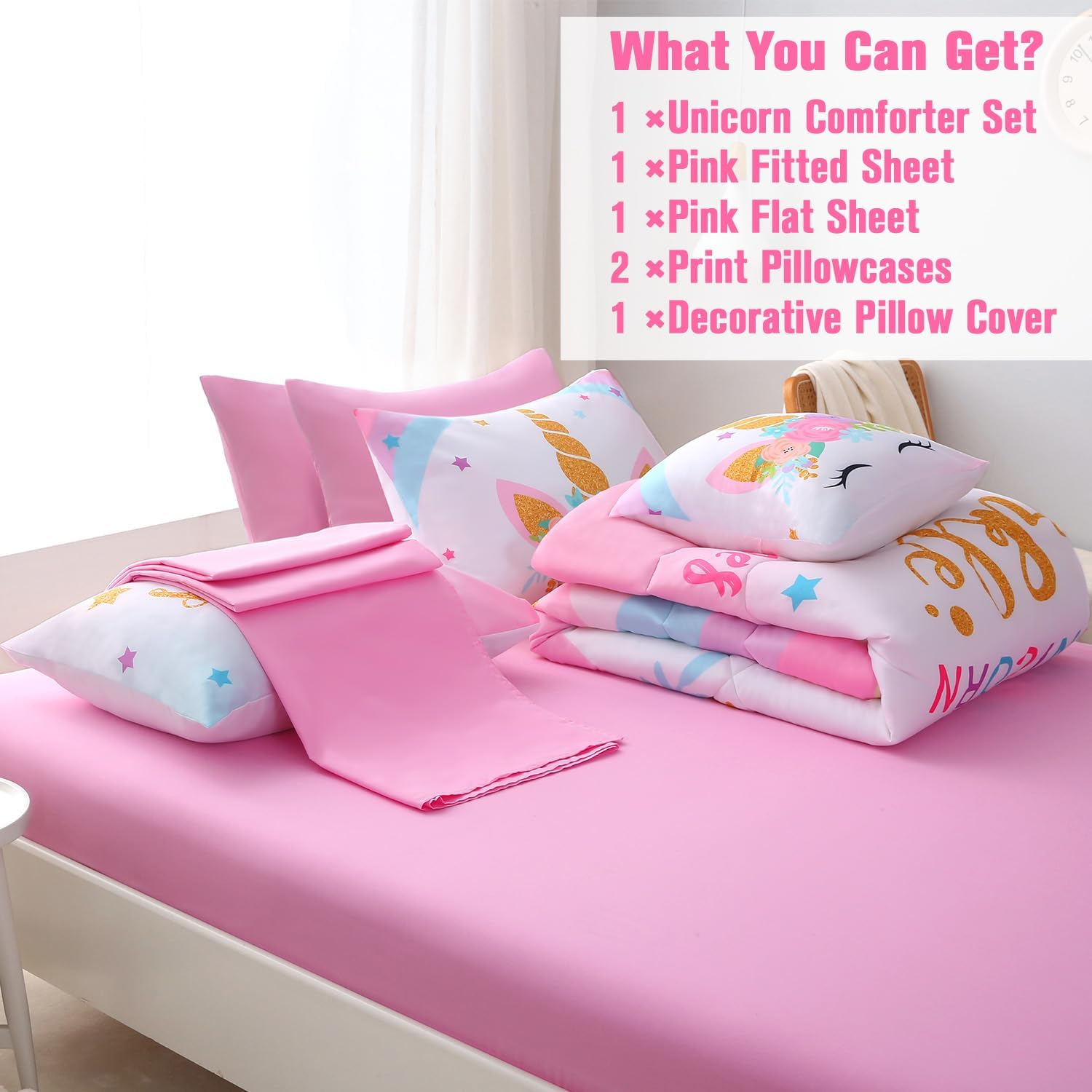 JQinHome Sparkle Unicorn Comforter Set 6 Piece Twin Bedding