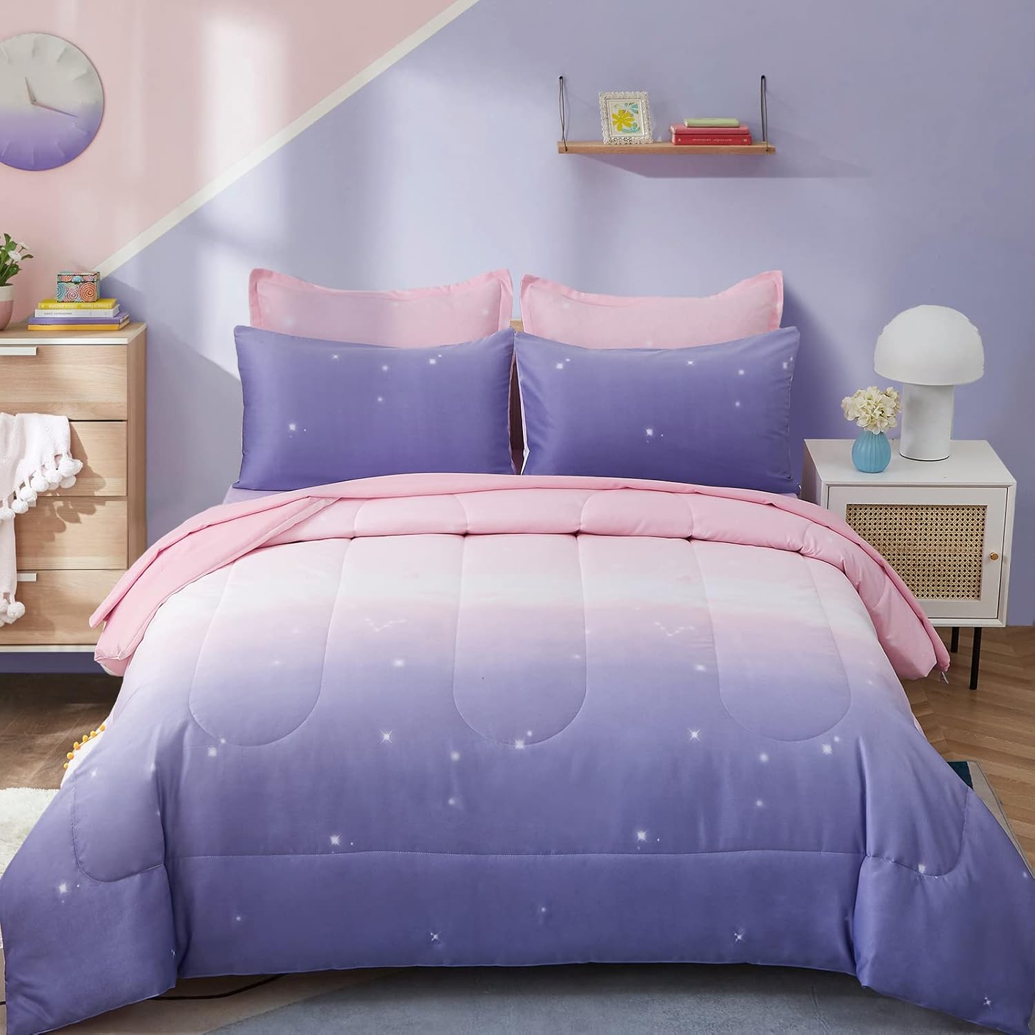Dinjoy Girls Ombre Comforter Set 7 Piece Bed in a Bag