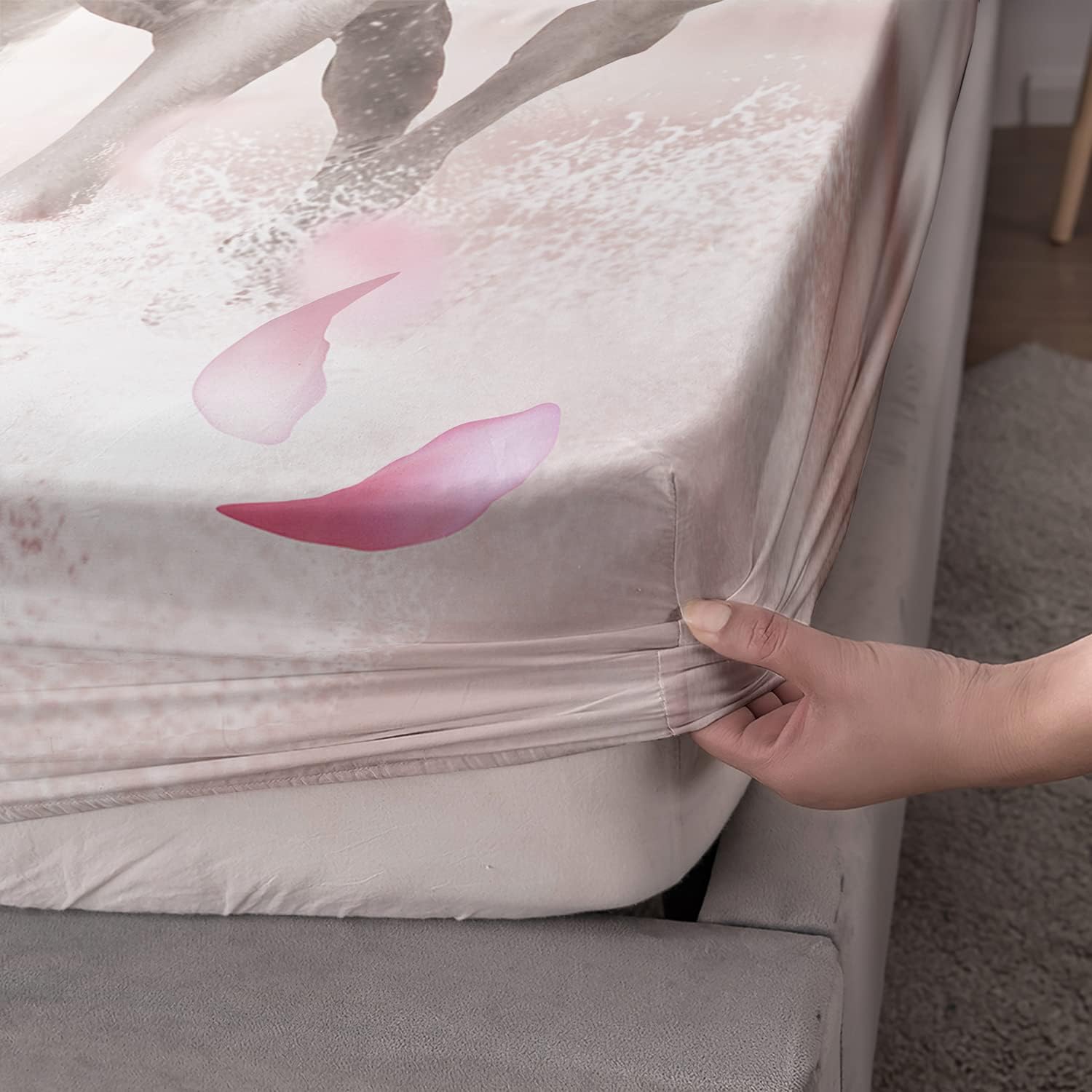 HOSIMA Pink Floral Horse Fitted Sheet Set Twin Size