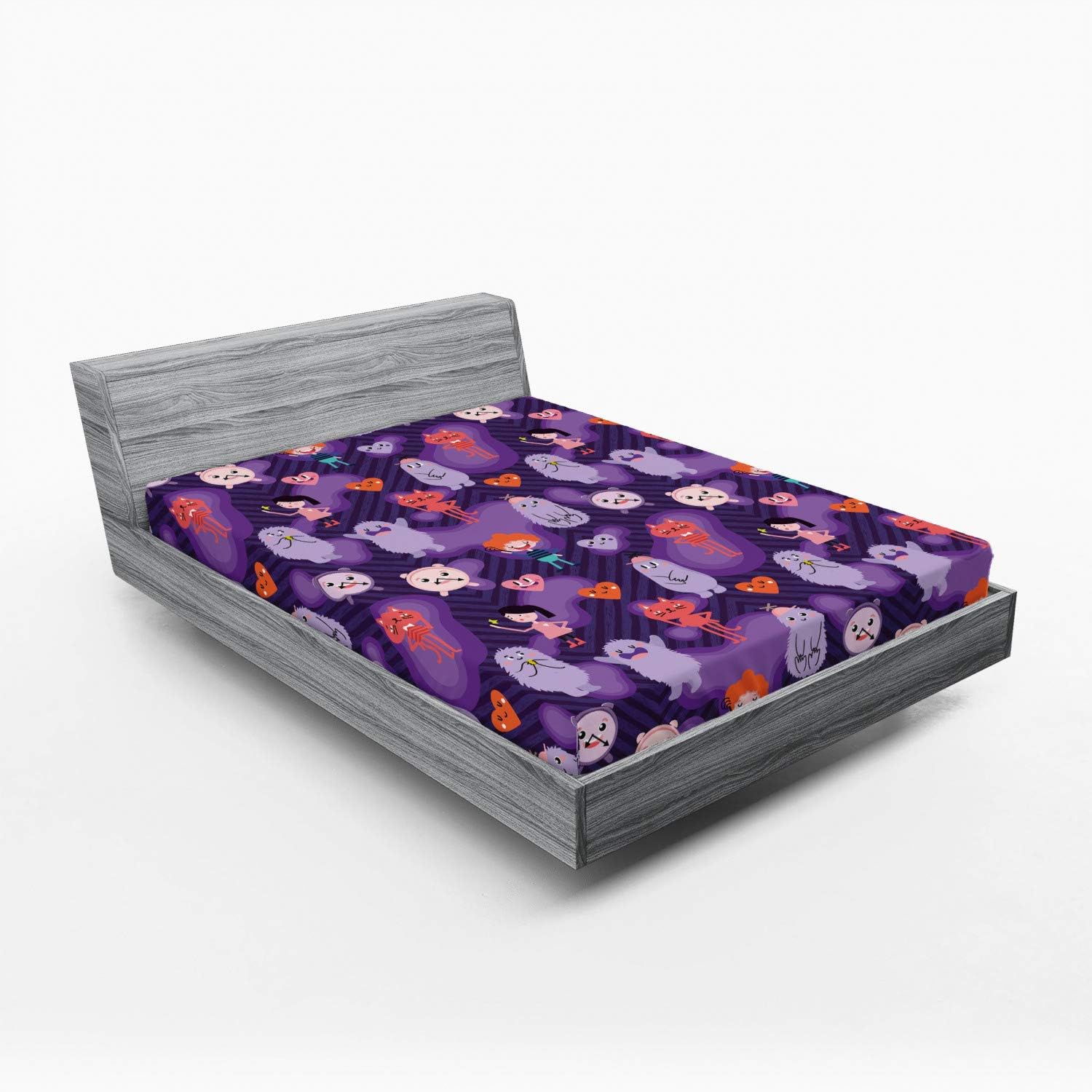 Ambesonne Cartoon Fitted Sheet Dark Purple Multicolor