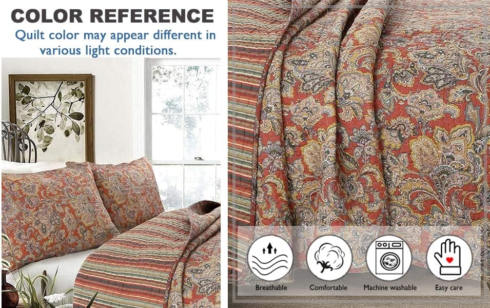 Cozy Line Red Orange Reversible Cotton Quilt Set 3 Piece King