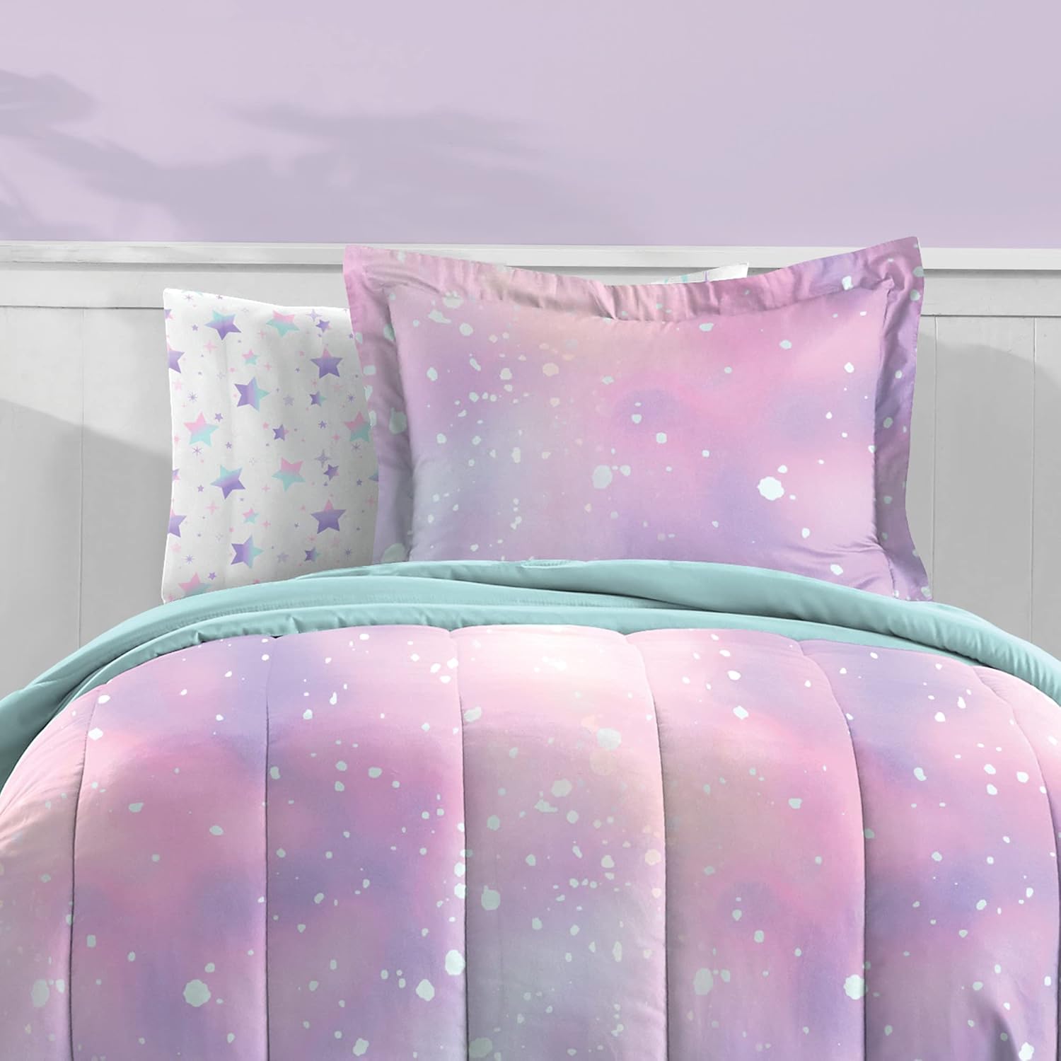 Dream FACTORY Kids 5-Piece Microfiber Comforter Set - Pink Twilight Galaxy Stars