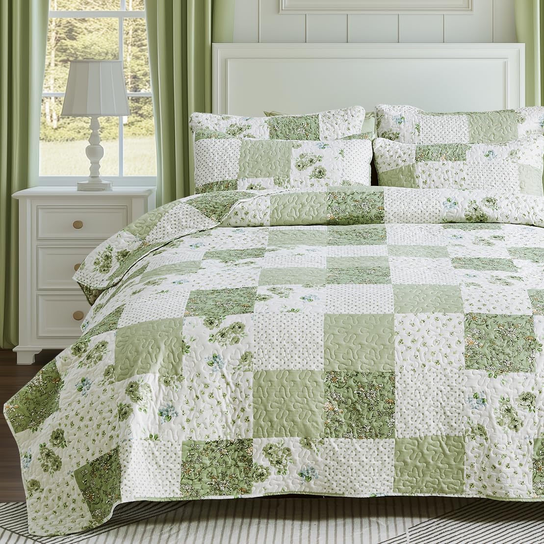 VIVILINEN Full Queen Green Floral Plaid Quilt Set