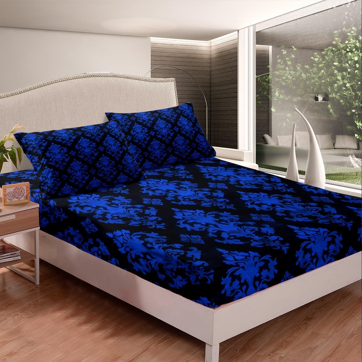 Erosebridal Gothic Blue Damask Fitted Twin Sheet Set