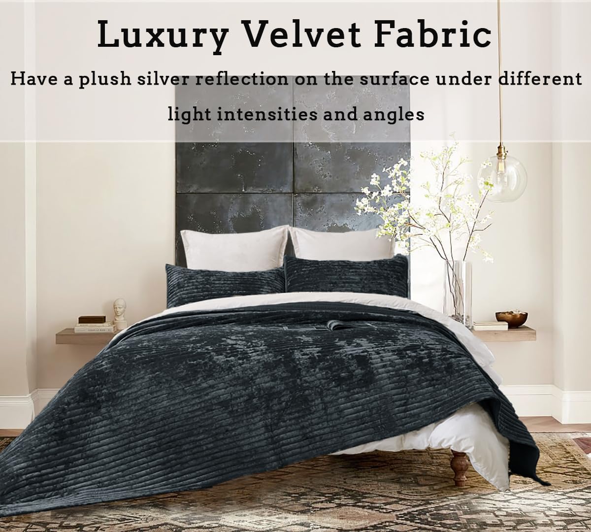 3 Piece Velvet Oversized King Quilt Set Grey Blue