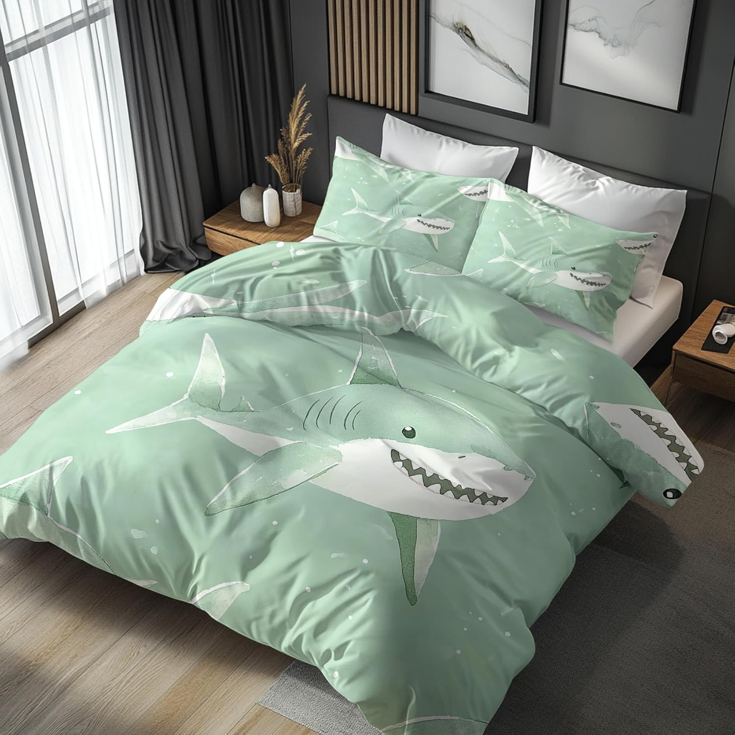 Twin Duvet Cover Shark - Cartoon Animal Kids Bedding Set 3 Piece