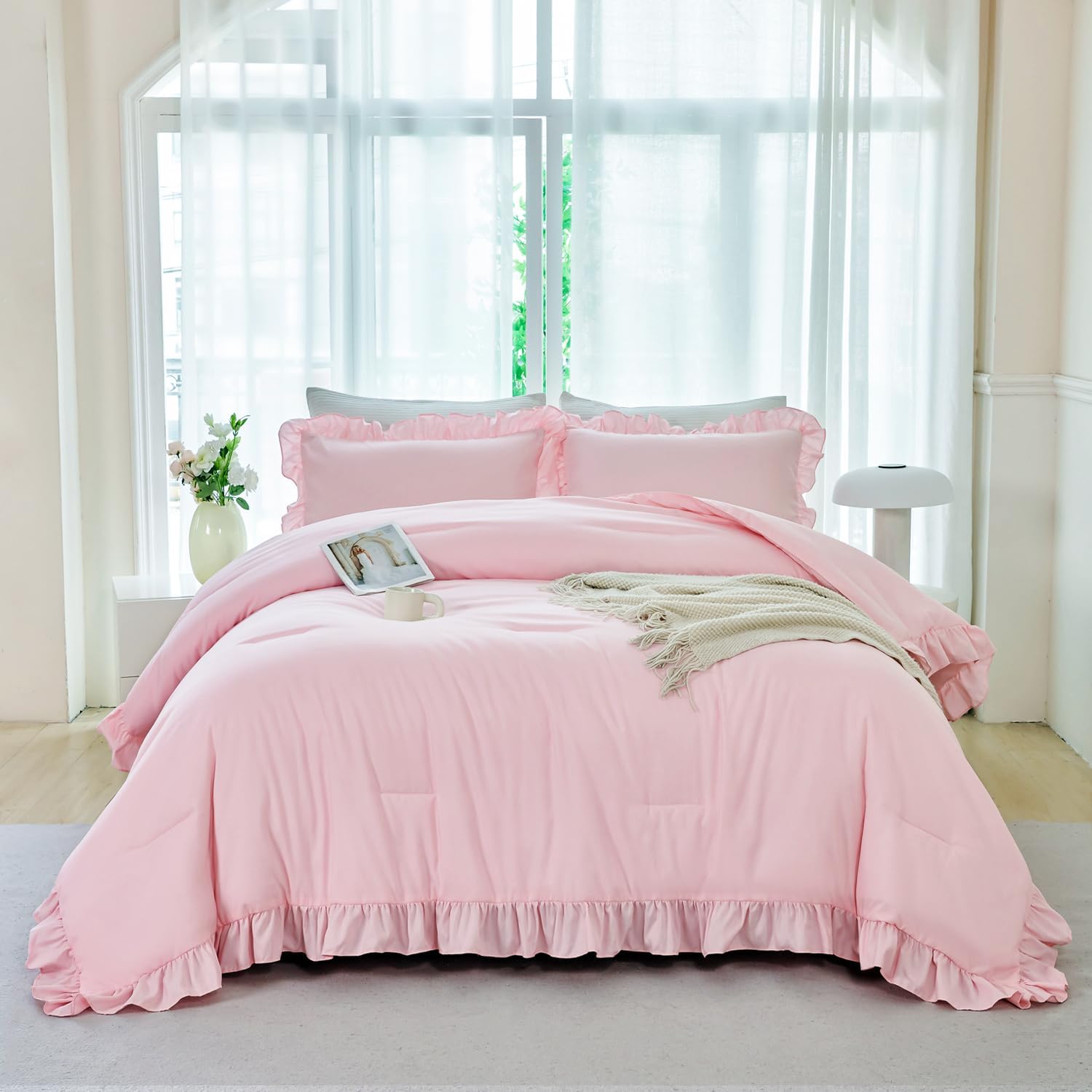 ANGIYUIN Pink Girls Comforter Set 5 Piece Bed in A Bag