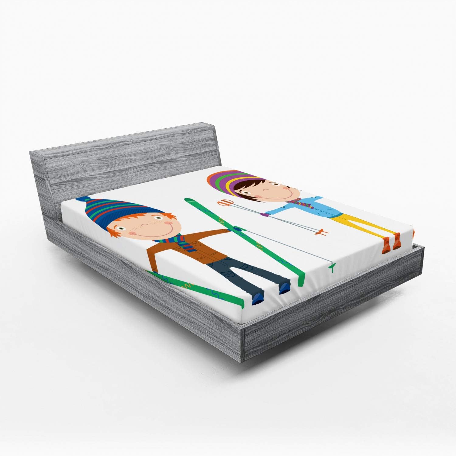 Ambesonne Sports Fitted Sheet with Funny Siblings Skis Winter Print