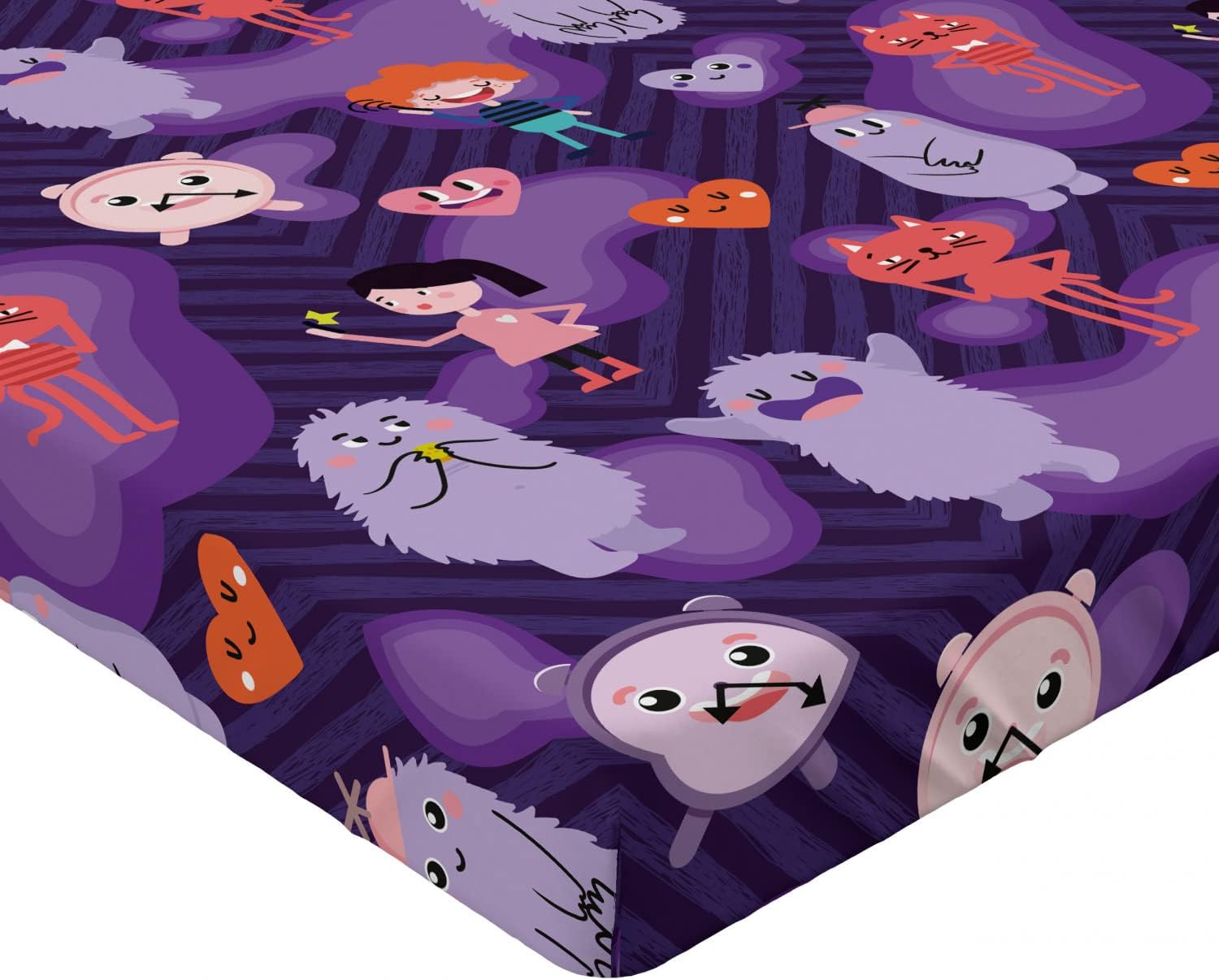 Ambesonne Cartoon Fitted Sheet Dark Purple Multicolor