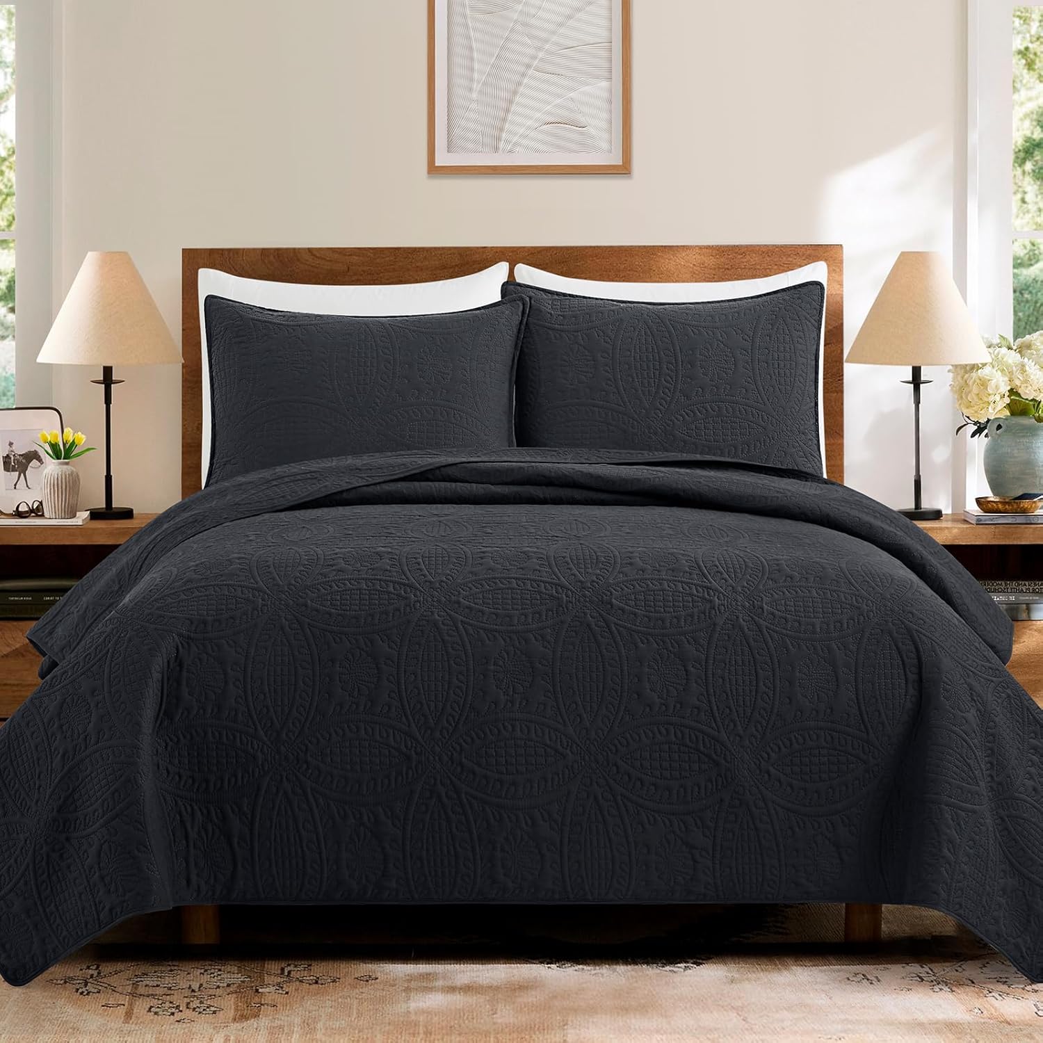 Safonory Quilt Set FullQueen Size 3 Piece Black