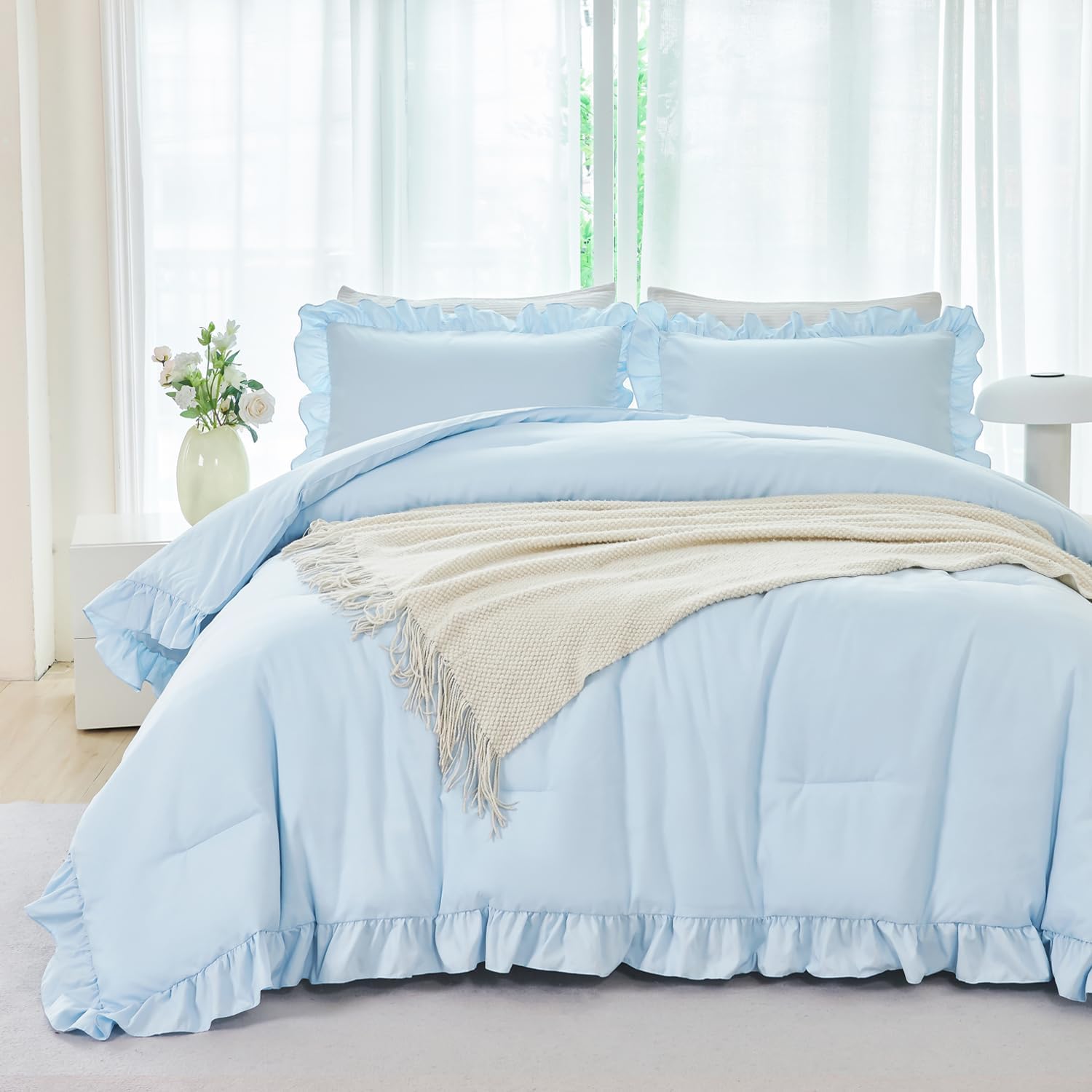 ANGIYUIN Light Blue Ruffle Comforter Set Twin Size 5 Pieces