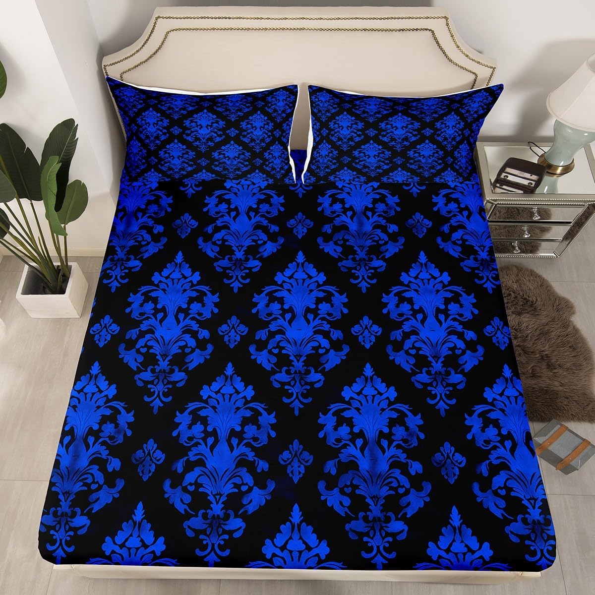 Erosebridal Gothic Blue Damask Fitted Twin Sheet Set