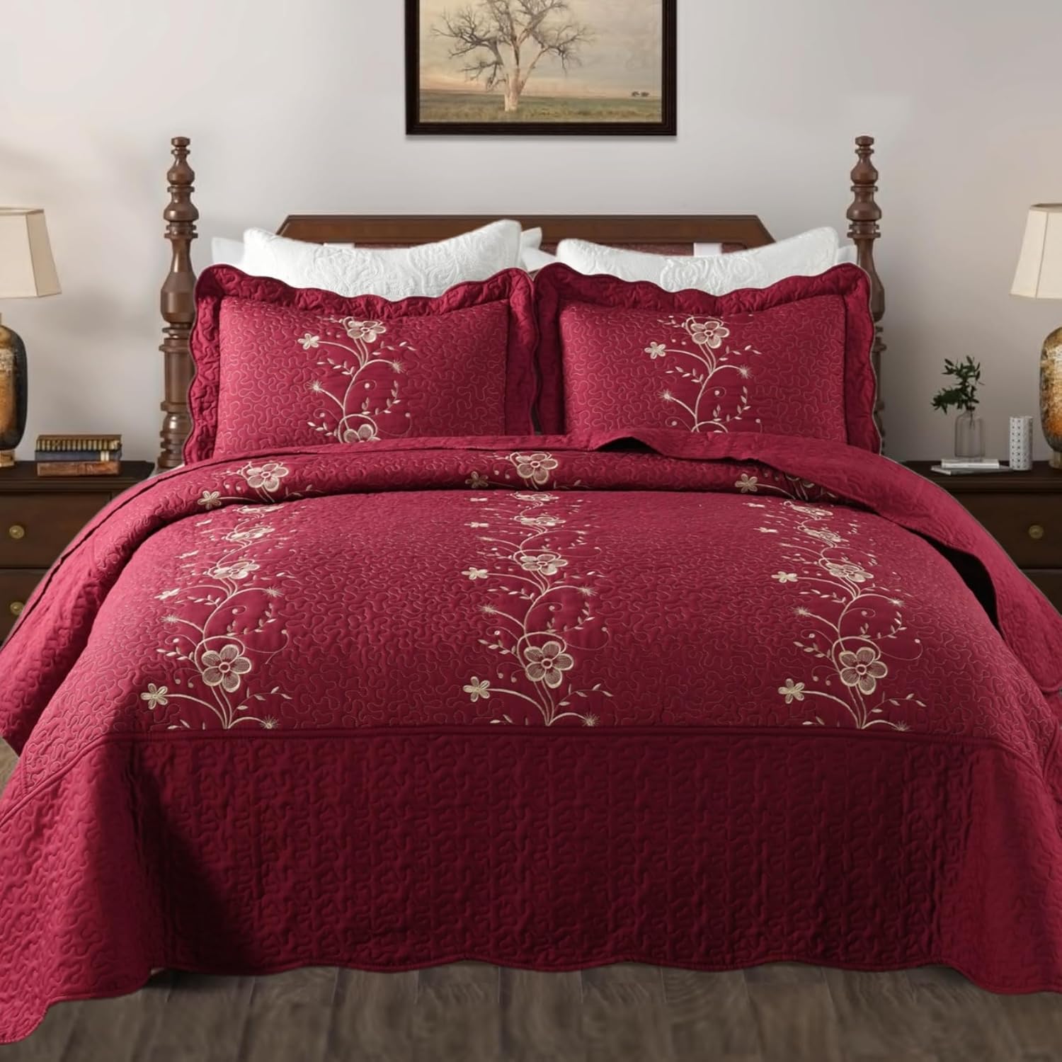 MarCielo 3 Piece Quilt Set Bedspread Microfiber Embroidered Comforter Set