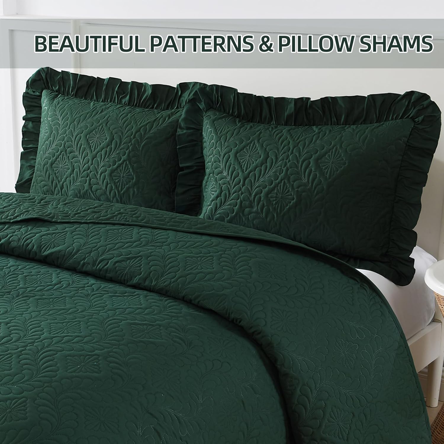 Emerald Green King Quilt Set 3 Piece Ruffled
