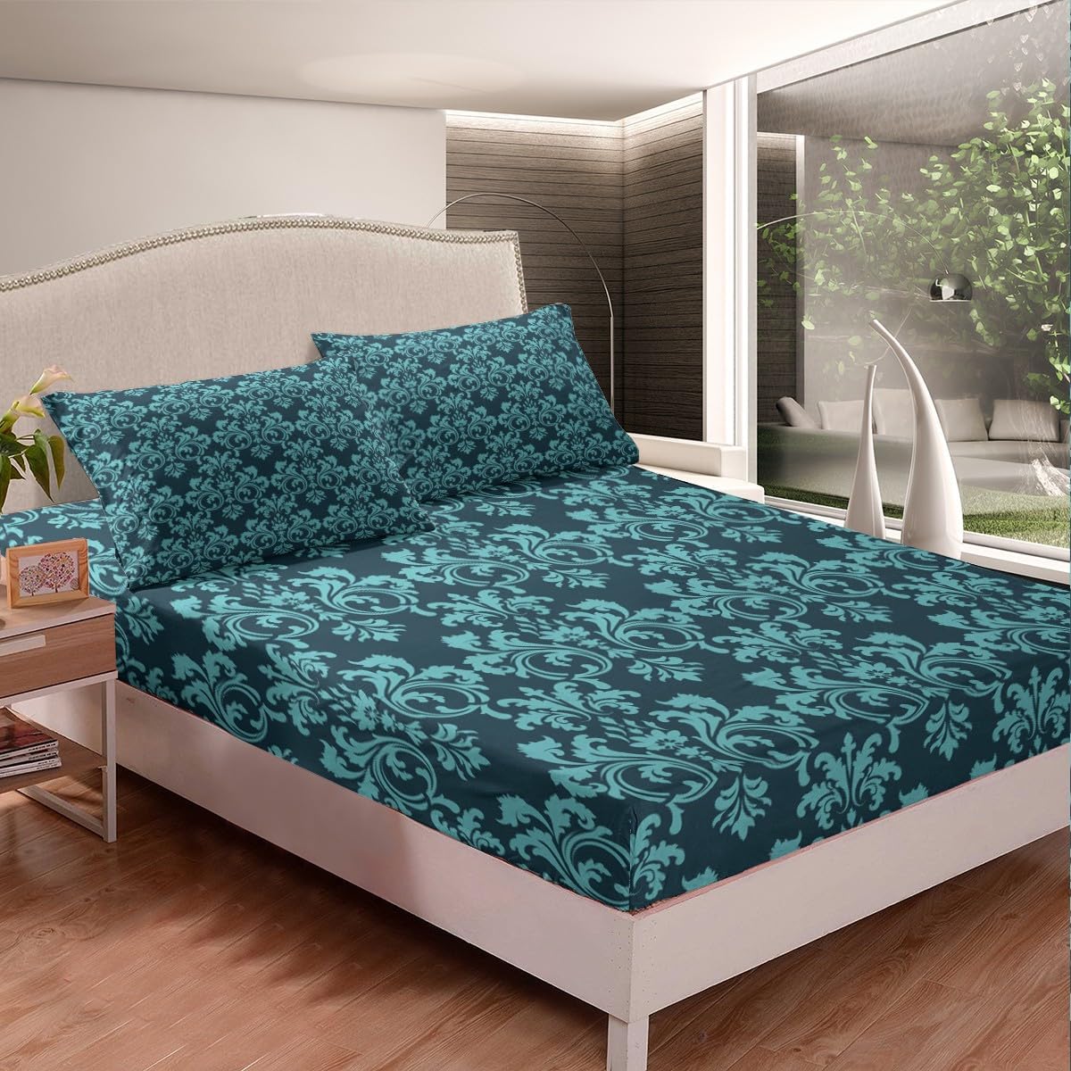 Erosebridal Damask Sheet Set Turquoise Teal 3 pcs Deep Pockets