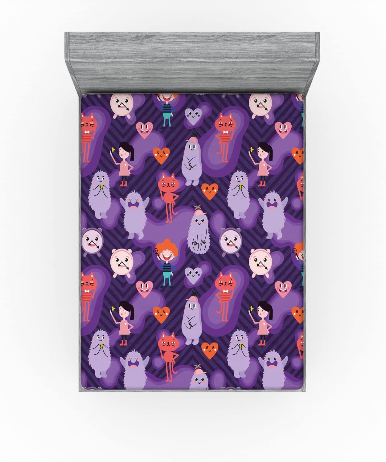 Ambesonne Cartoon Fitted Sheet Dark Purple Multicolor