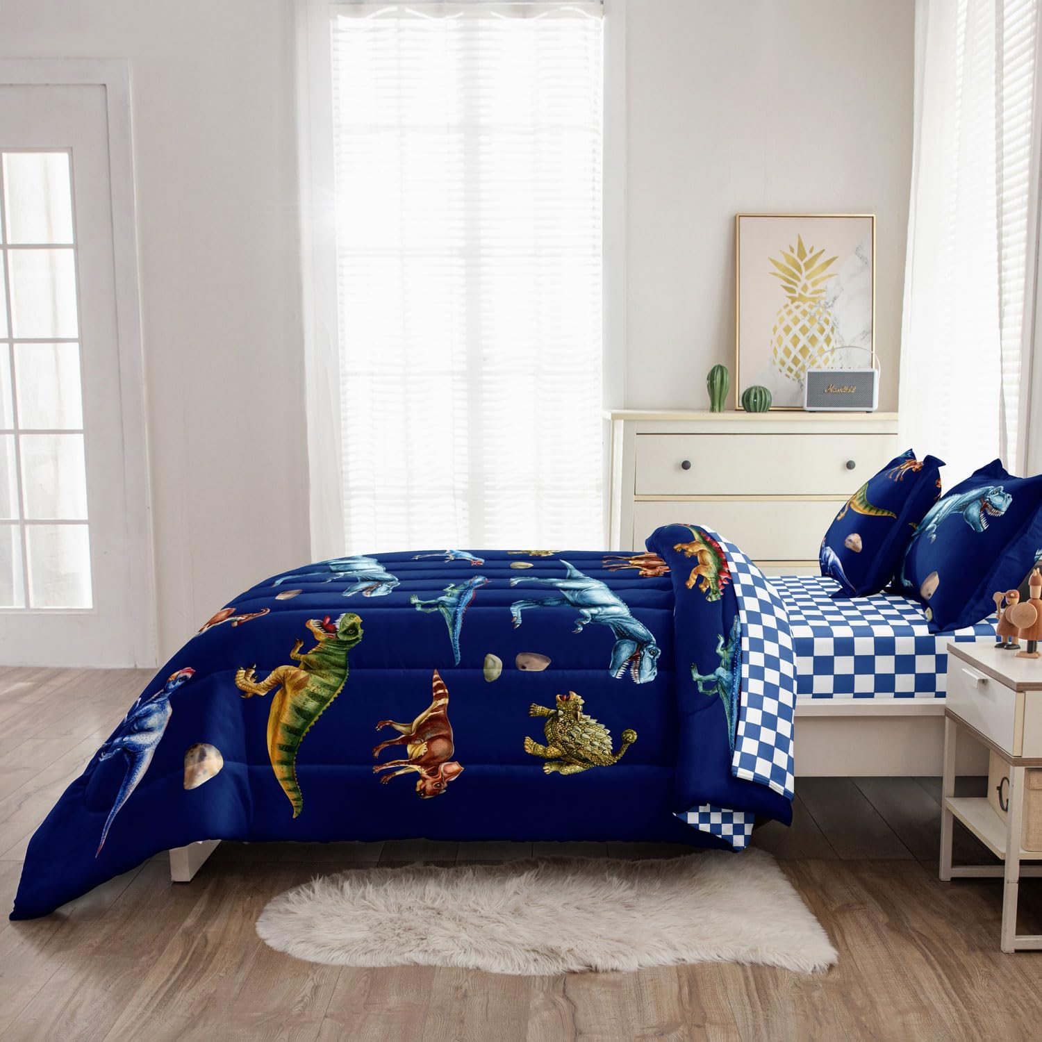 Leaflin Kid Twin Comforter Set - Dinosaur Themed Blue Bedding
