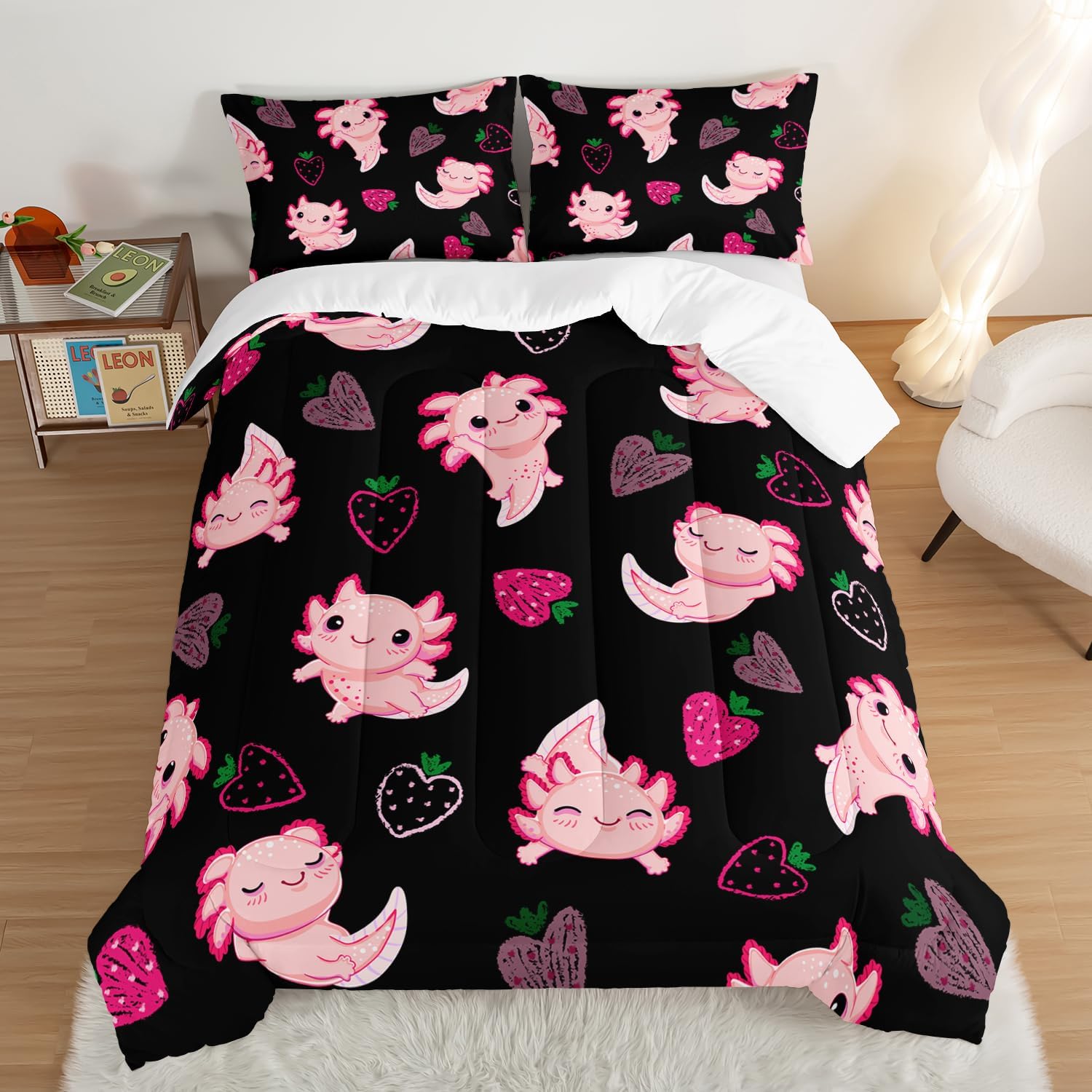 Cute Axolotl Comforter Set Twin Size Pink Strawberry Print