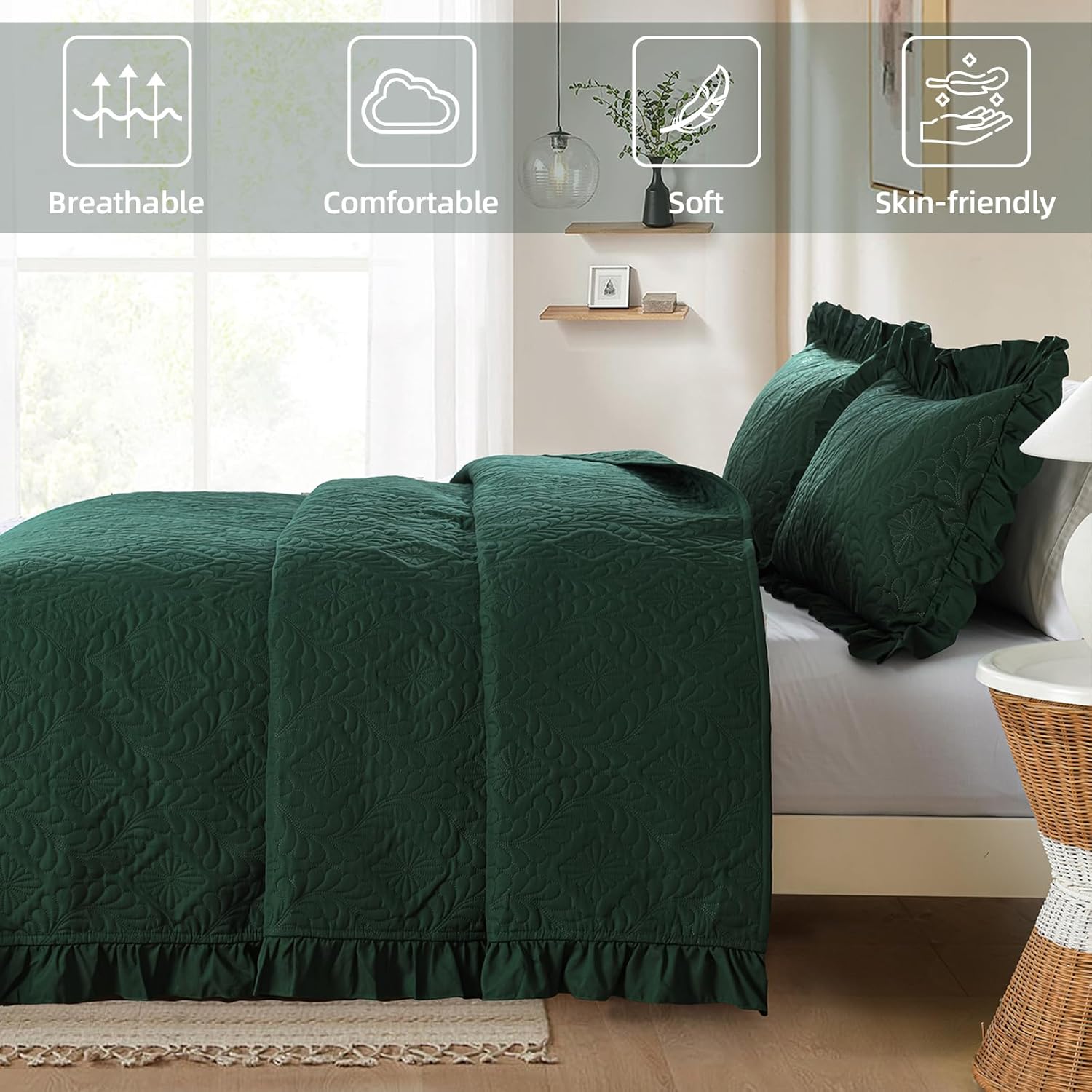 Emerald Green King Quilt Set 3 Piece Ruffled