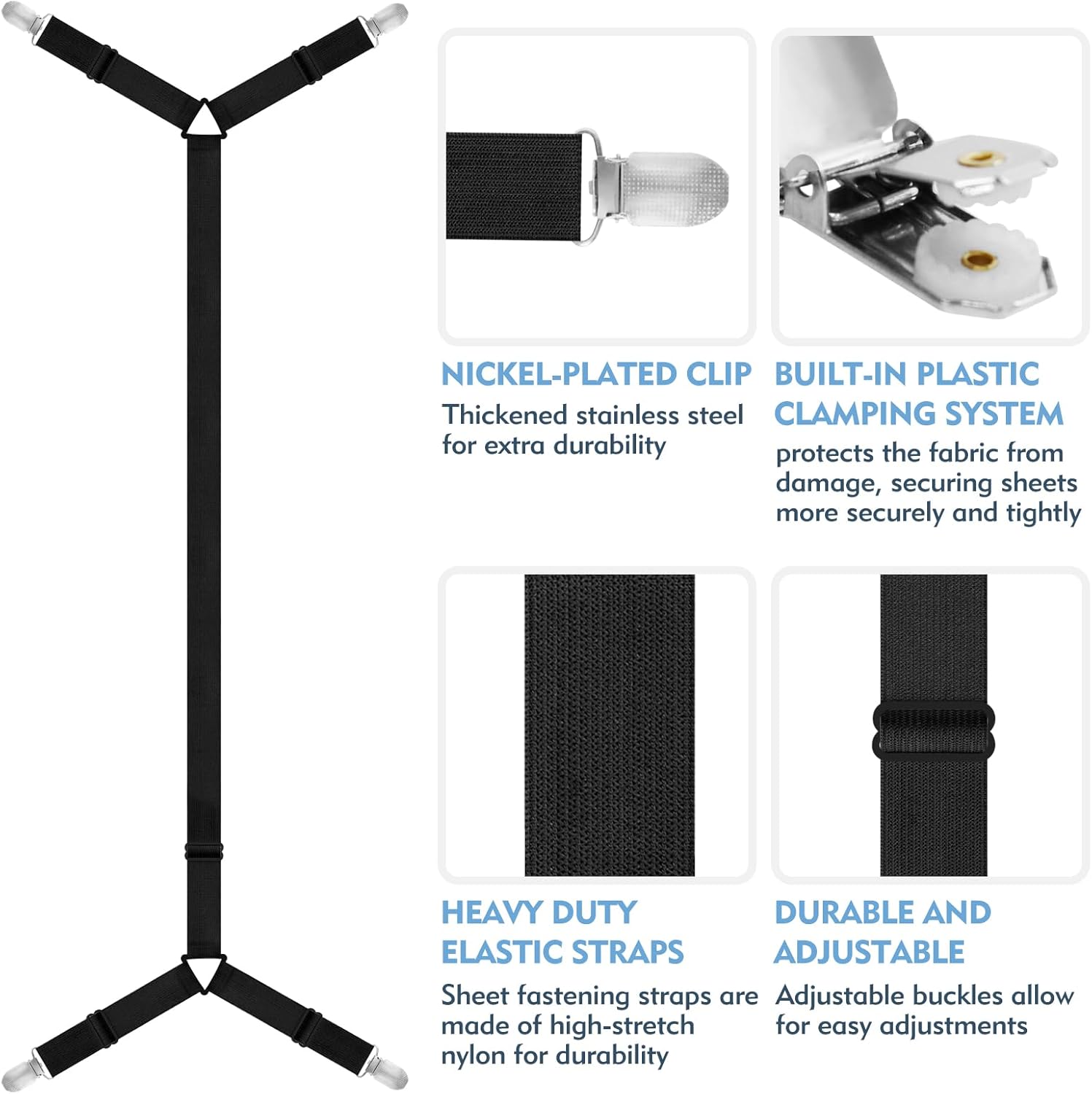 3 PCS Adjustable Bed Sheet Straps with Metal Clips - Black