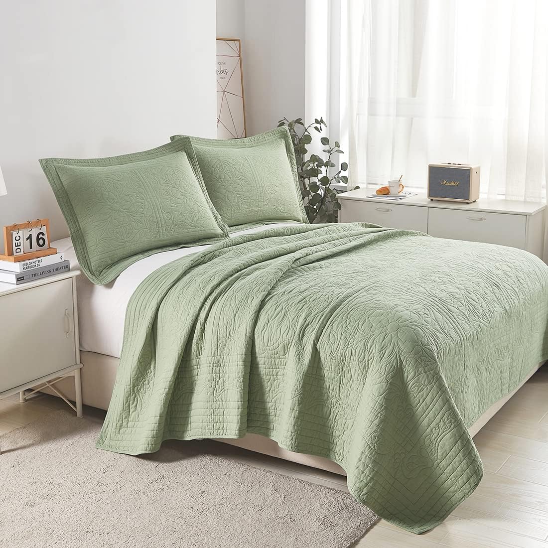 WINLIFE 100 Cotton King Quilt Set with Embroidered Floral Print