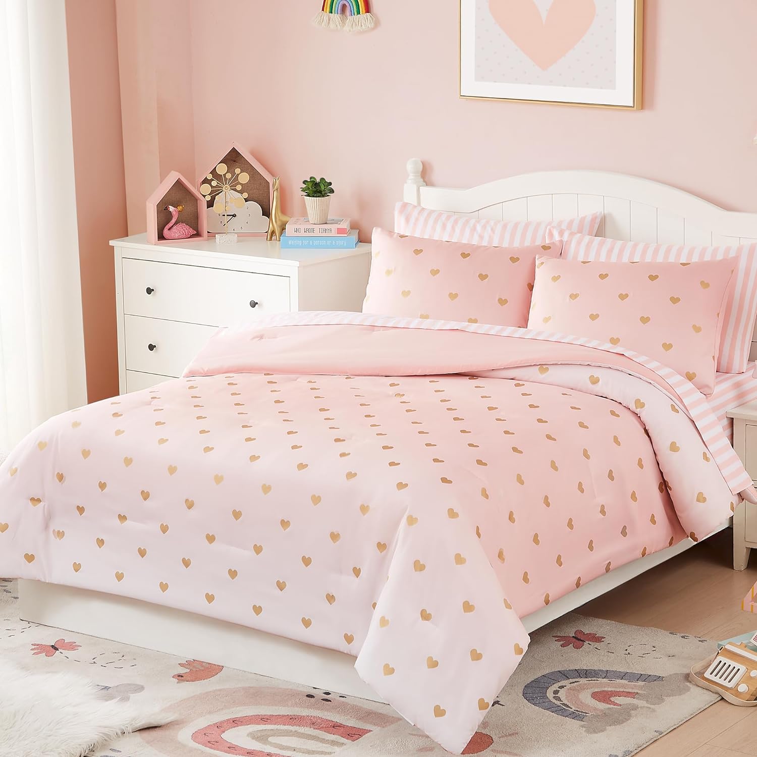Wink Deer Queen Comforter Set with Sheets Pink Gold Heart 90x90