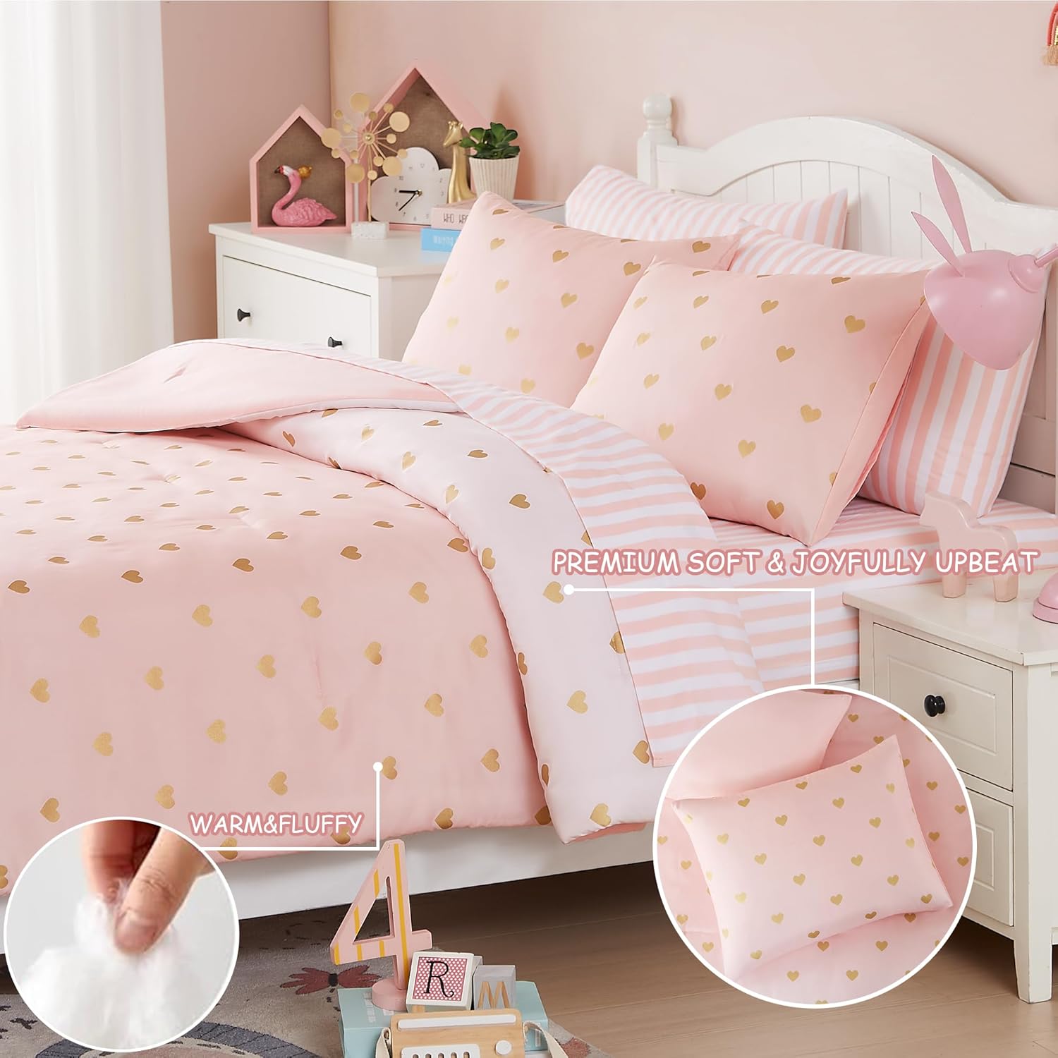 Wink Deer Queen Comforter Set with Sheets Pink Gold Heart 90x90