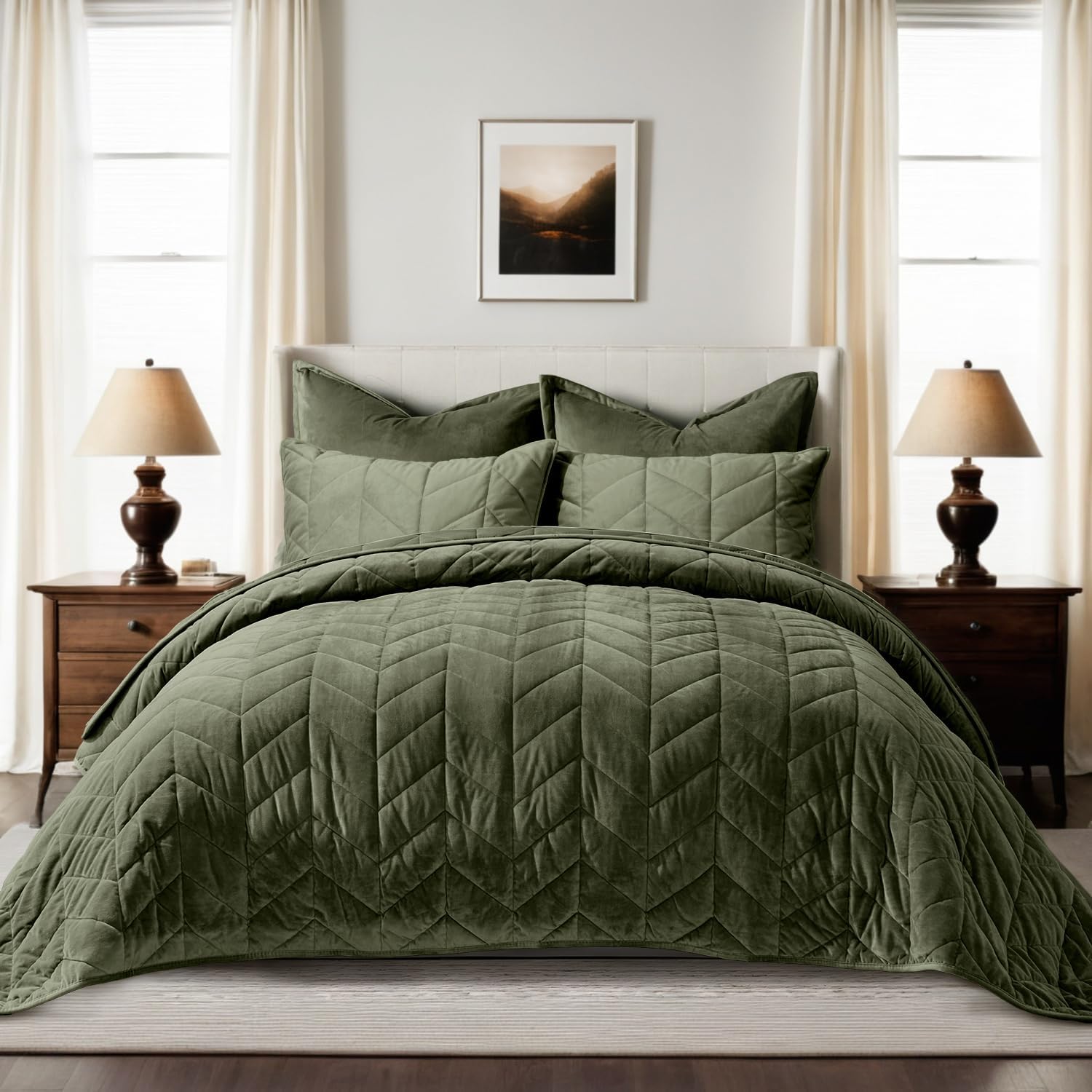 Evergrace 3-Piece Queen Velvet Quilt Set Olive Green