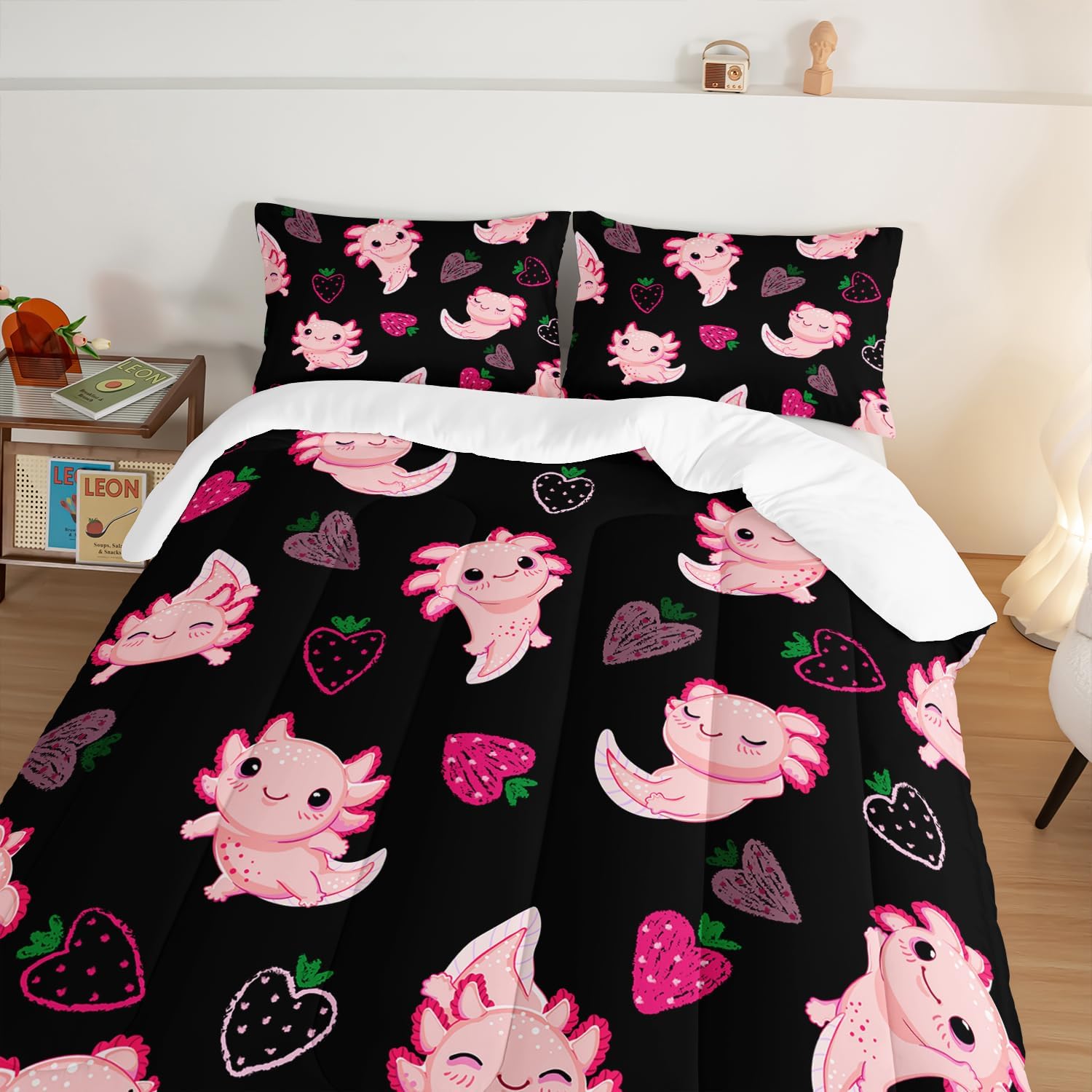 Cute Axolotl Comforter Set Twin Size Pink Strawberry Print