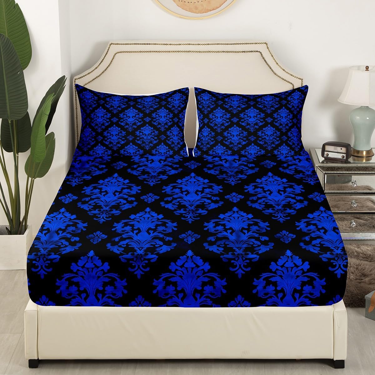Erosebridal Gothic Blue Damask Fitted Twin Sheet Set