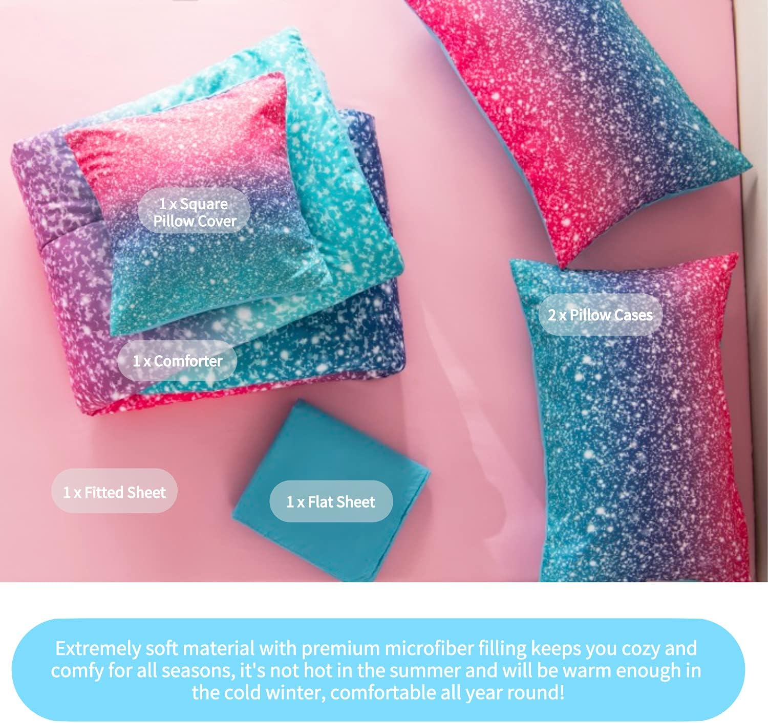 RYNGHIPY 6Pcs Glitter Comforter Set for Teen Girls