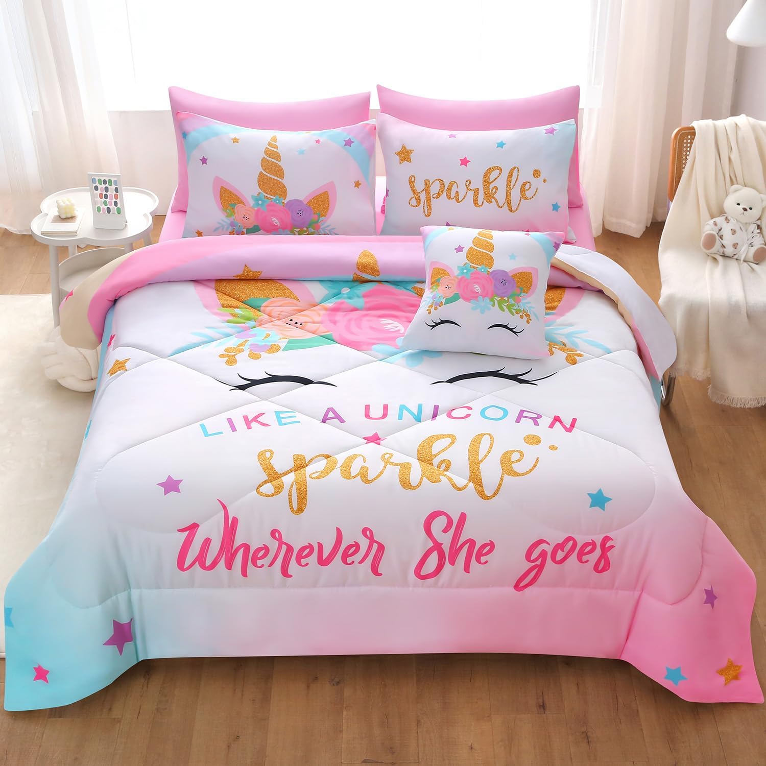 JQinHome Sparkle Unicorn Comforter Set 6 Piece Twin Bedding