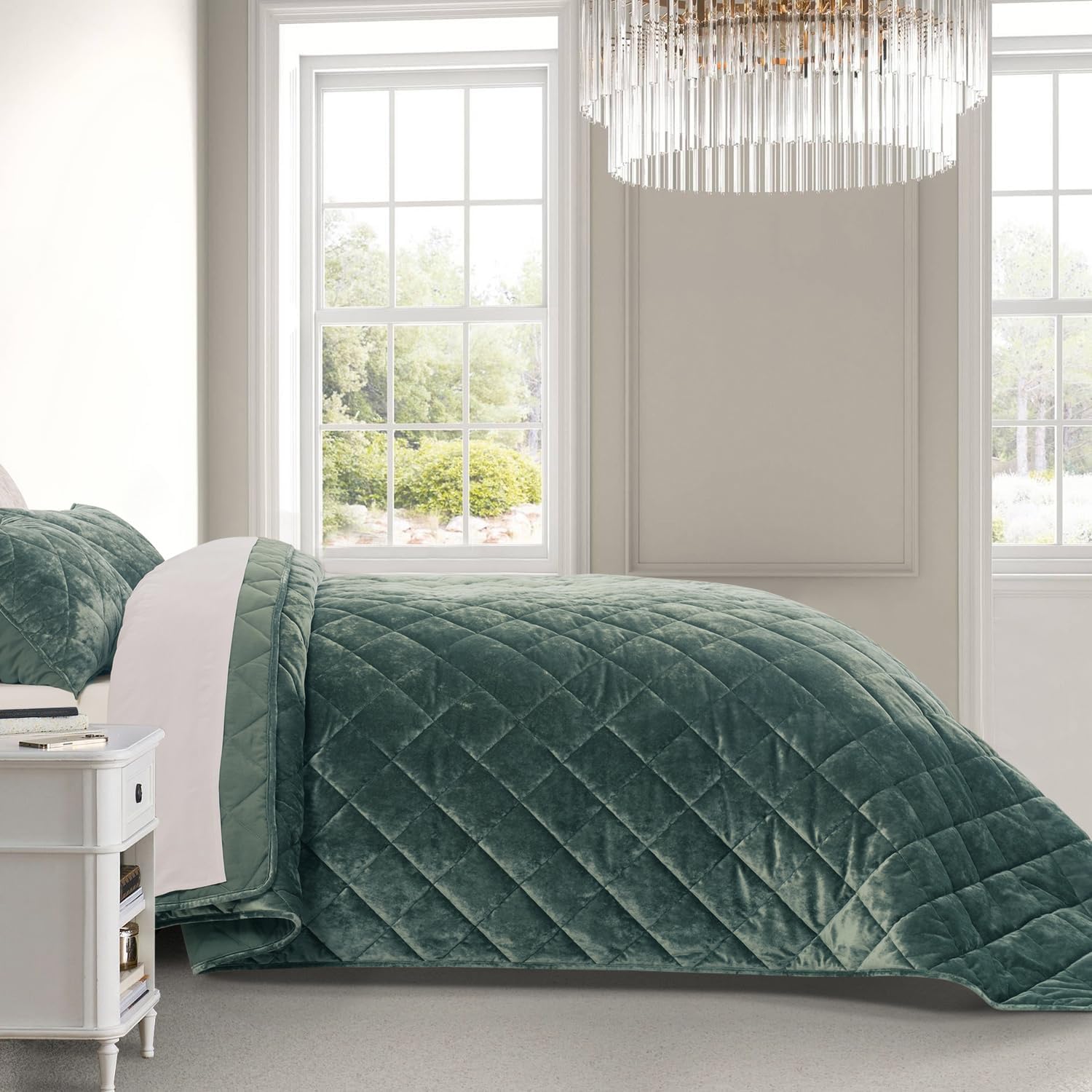 EVERGRACE Velvet Quilt Set King Size Dark Green