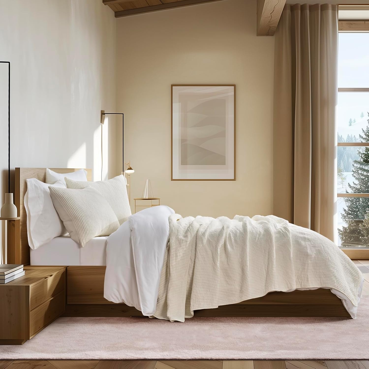 EvergraceHome Cotton Coverlet Set Full Queen 3 Pieces Eggshell Cream