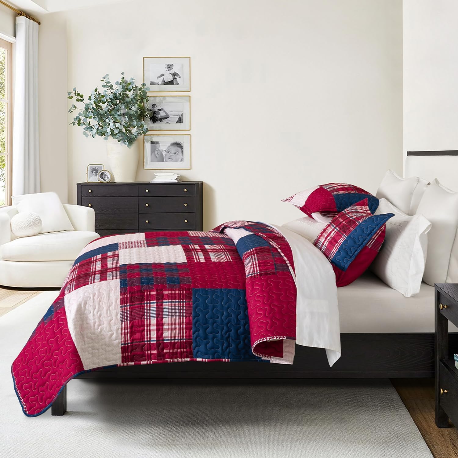 DURLENGEN Red Navy Patchwork Quilt Set 3Pcs