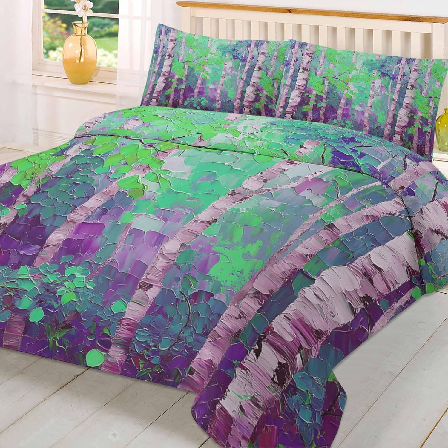 3-Piece Queen Duvet Cover Set with Zipper Soft Purple Green Botanical Print