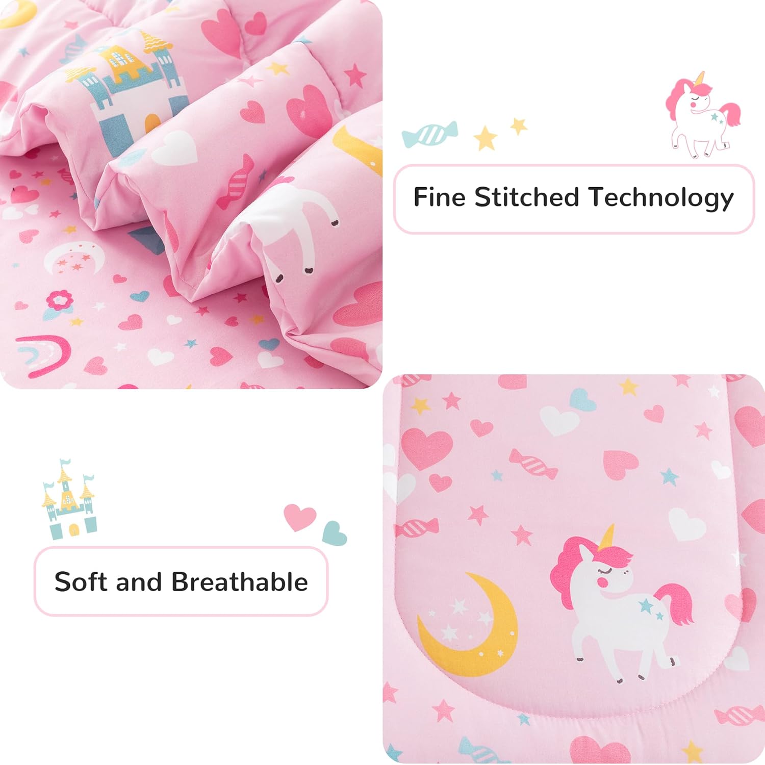 Viviland Girls Twin Comforter Set - Pink Unicorn Princess Rainbow