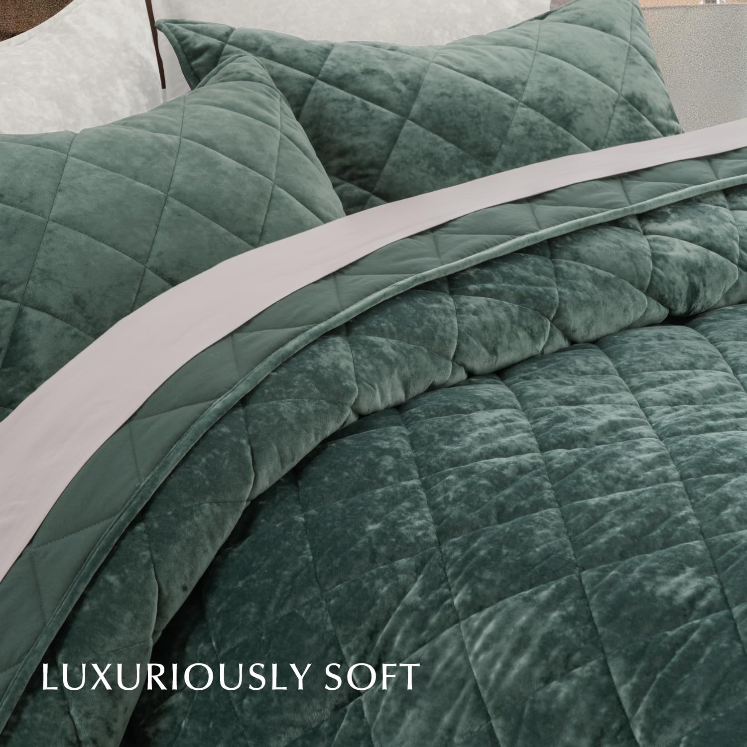 EVERGRACE Velvet Quilt Set King Size Dark Green