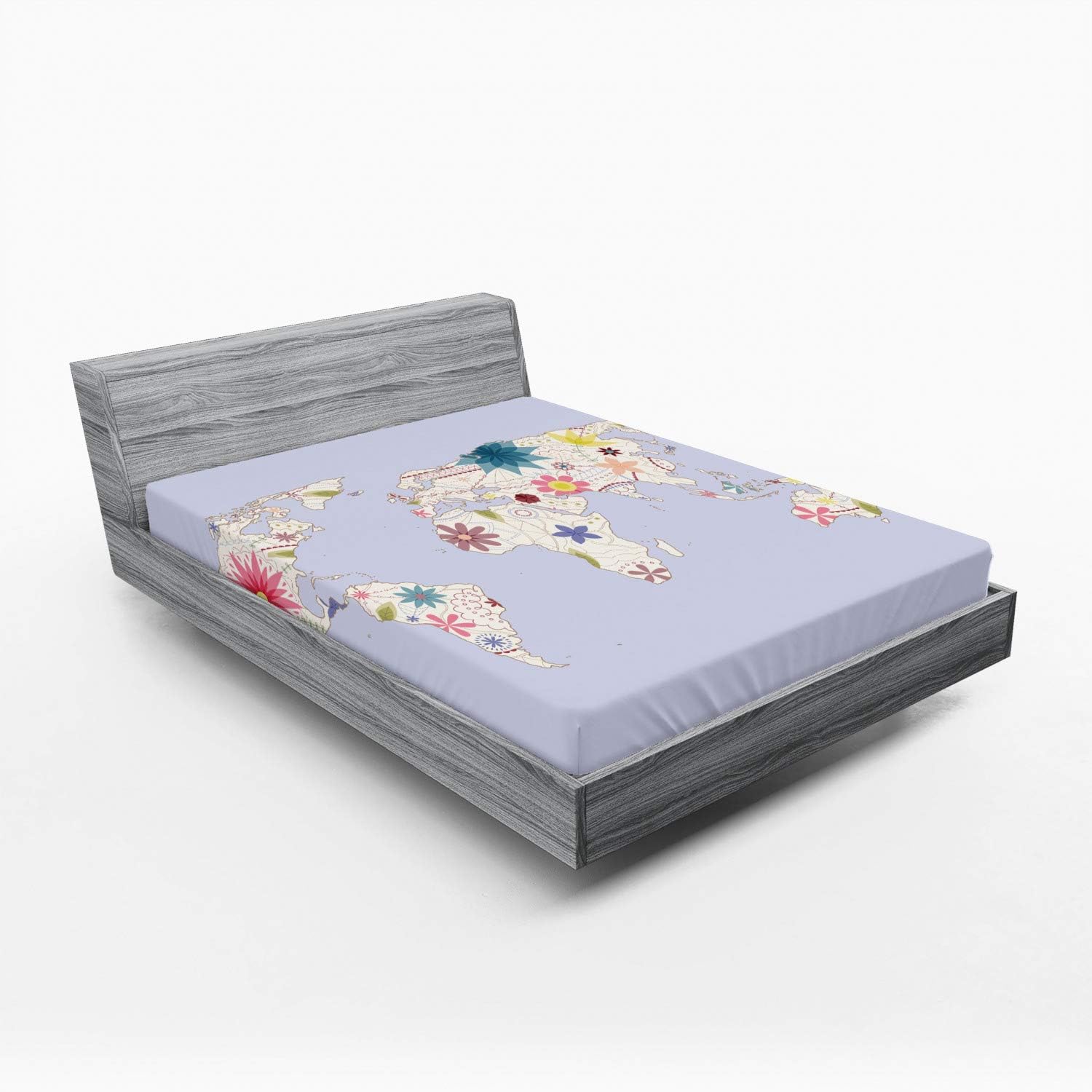 Ambesonne Floral World Map Fitted Sheet Set
