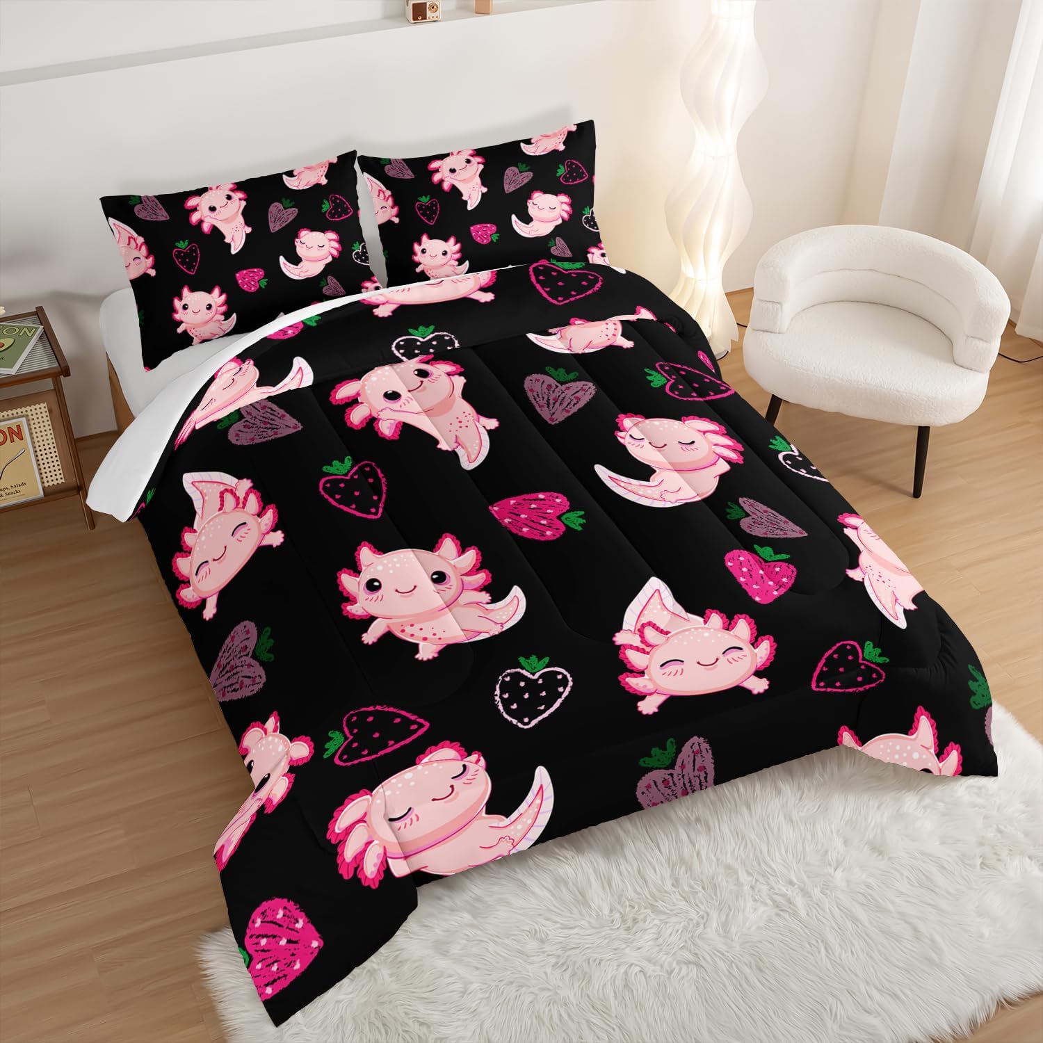 Cute Axolotl Comforter Set Twin Size Pink Strawberry Print