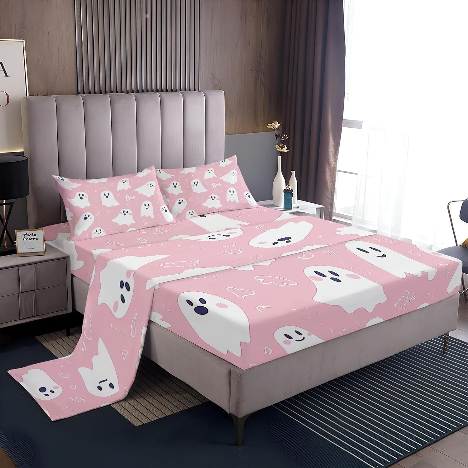 4-Piece Twin XL Cartoon Pink Ghost Fitted Sheet Set