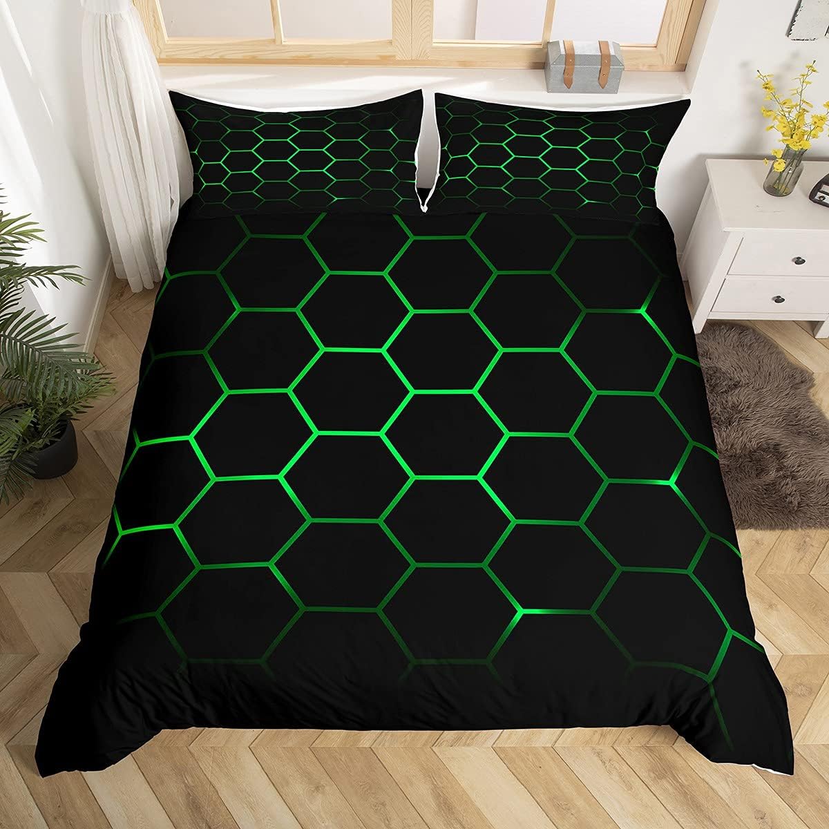 Feelyou Hexagonal Duvet Cover Set Neon Green Black 2Pcs Twin Size