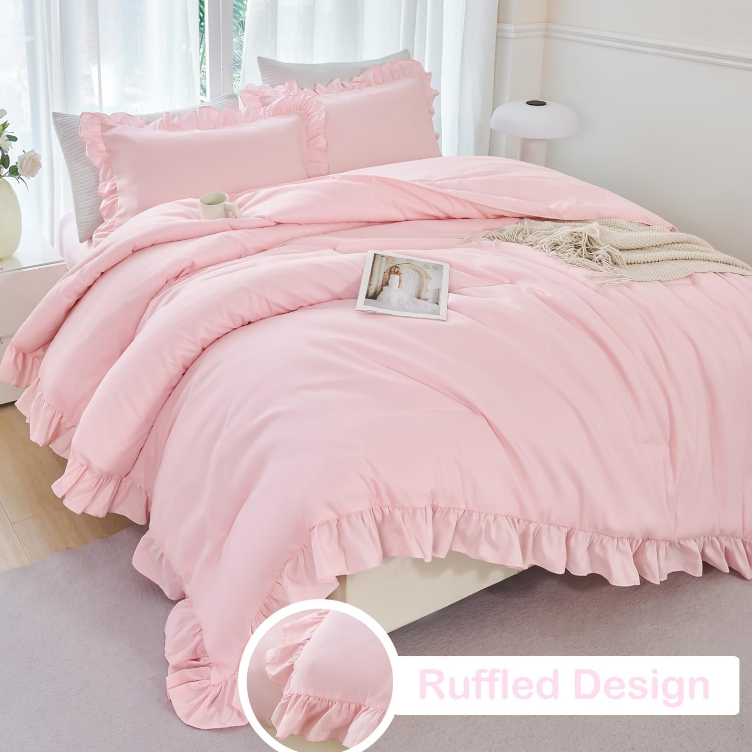 ANGIYUIN Pink Girls Comforter Set 5 Piece Bed in A Bag